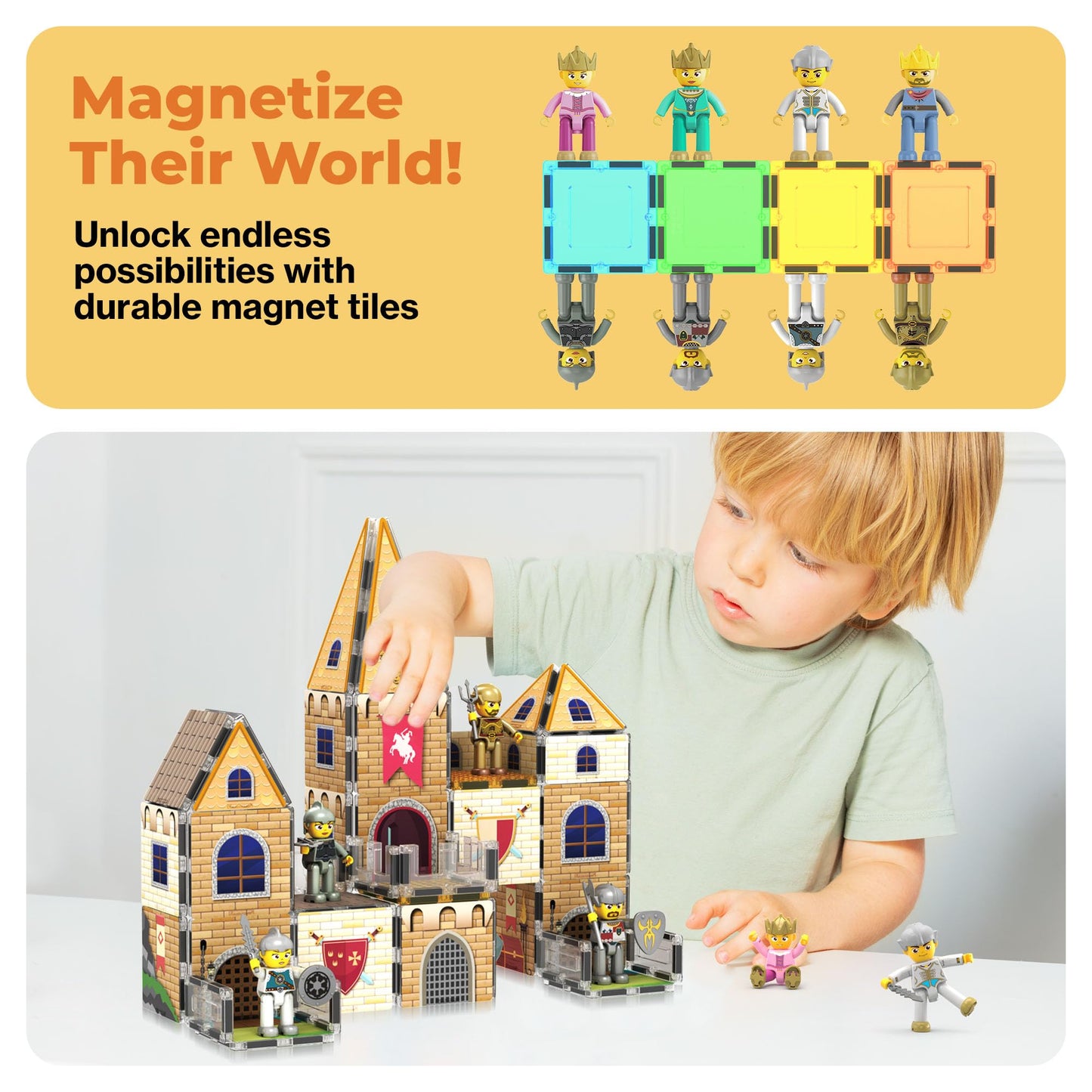 PicassoTiles 70pc Medieval Castle Magnetic Tile Set – 2in1 8 Figures | STEM Building Blocks for Kids 3+