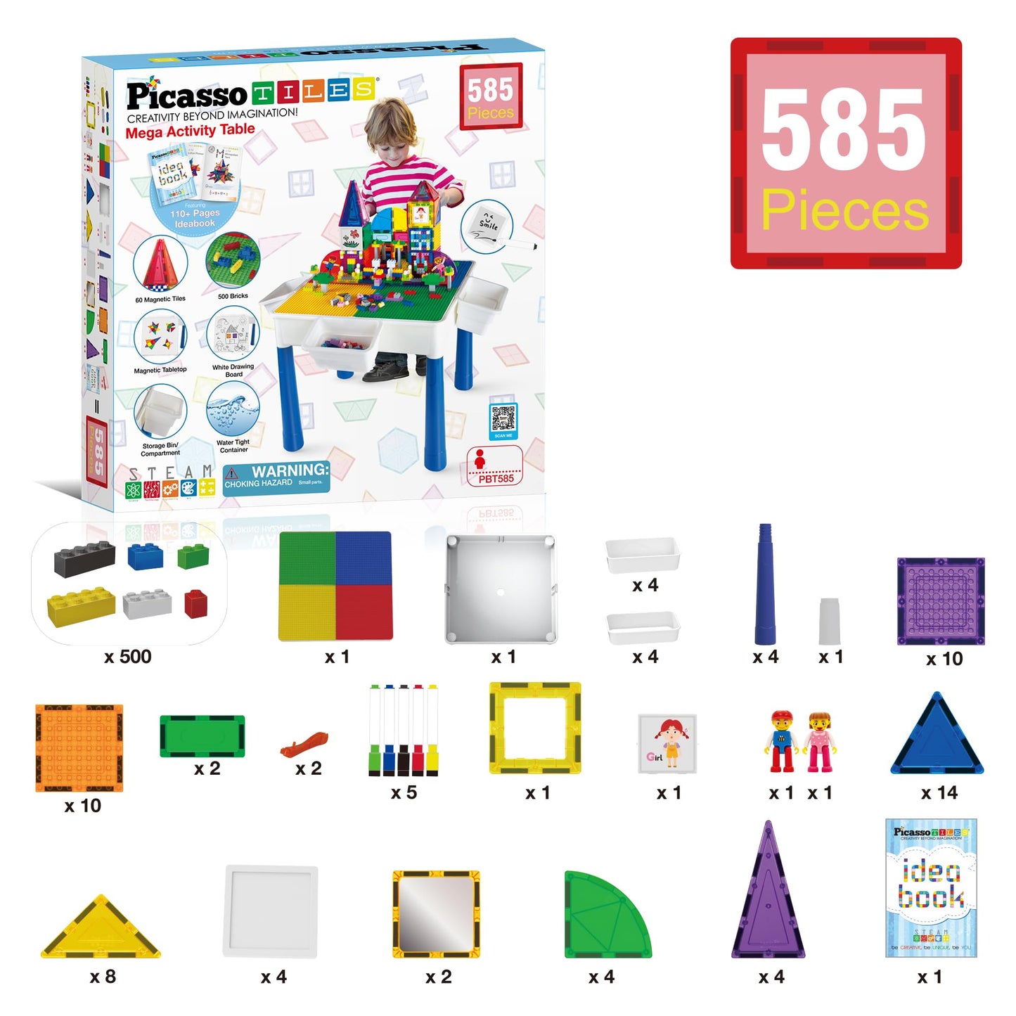 PicassoTiles 585pc Table Set: Magnetic Tiles, Bricks & Whiteboard Desk for STEM Play
