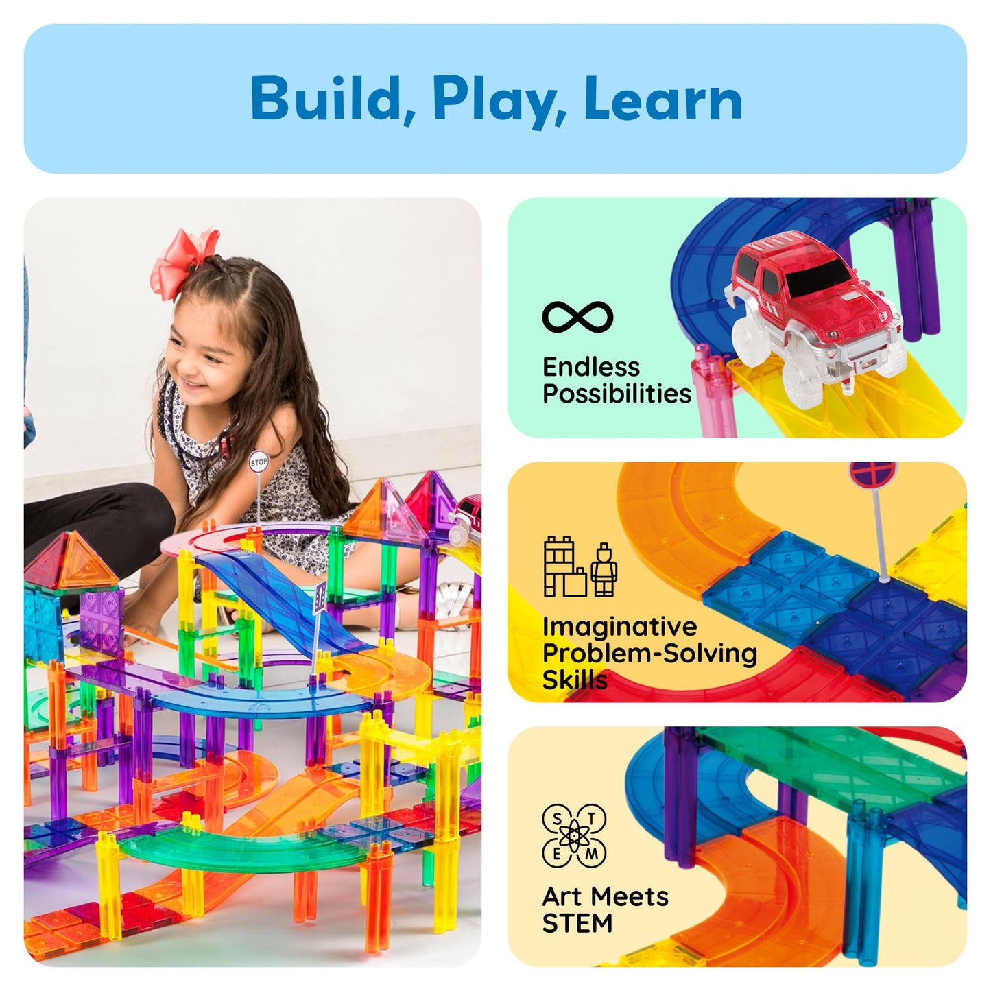 PicassoTiles 150-Piece Race Car Track Magnetic Tile STEM Toy Set with 4 Cars