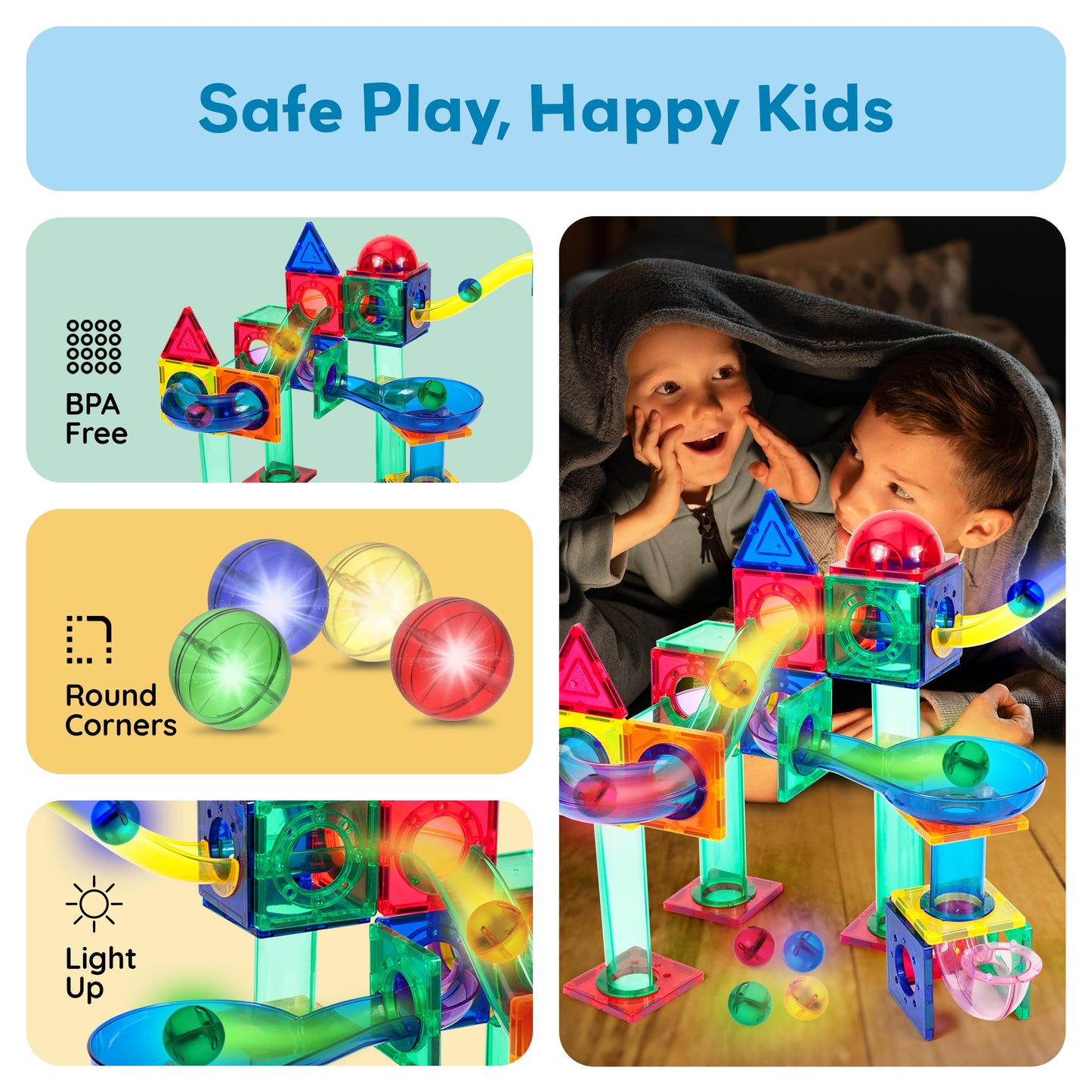 PicassoTiles Motion Activated Marbles – LED Glow-in-the-Dark 4pc Marble Run Accessory