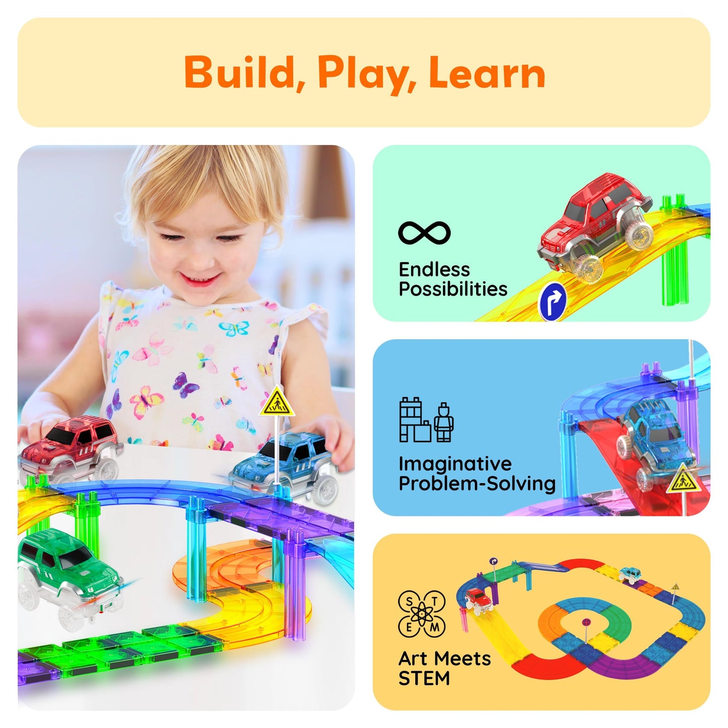 PicassoTiles 3 LED Magnetic Race Cars Set | Lights, STEM Building Kit for Kids 3+
