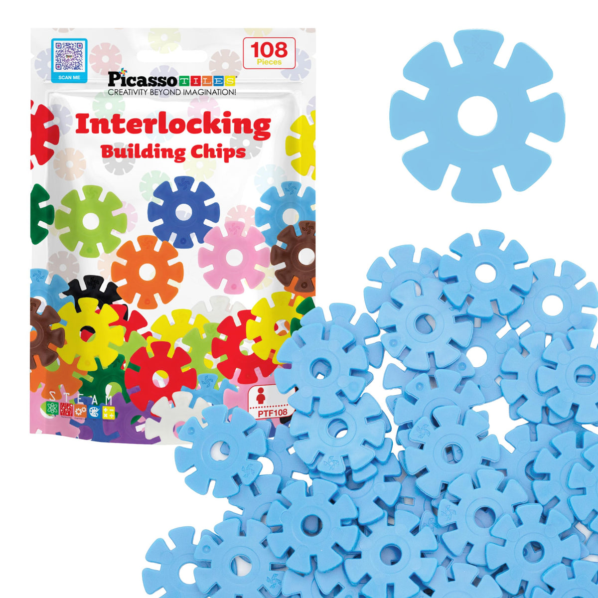 PicassoTiles Building Chip Interlocking Discs – Light Blue STEM Toy for Toddlers 3+ | PTF108