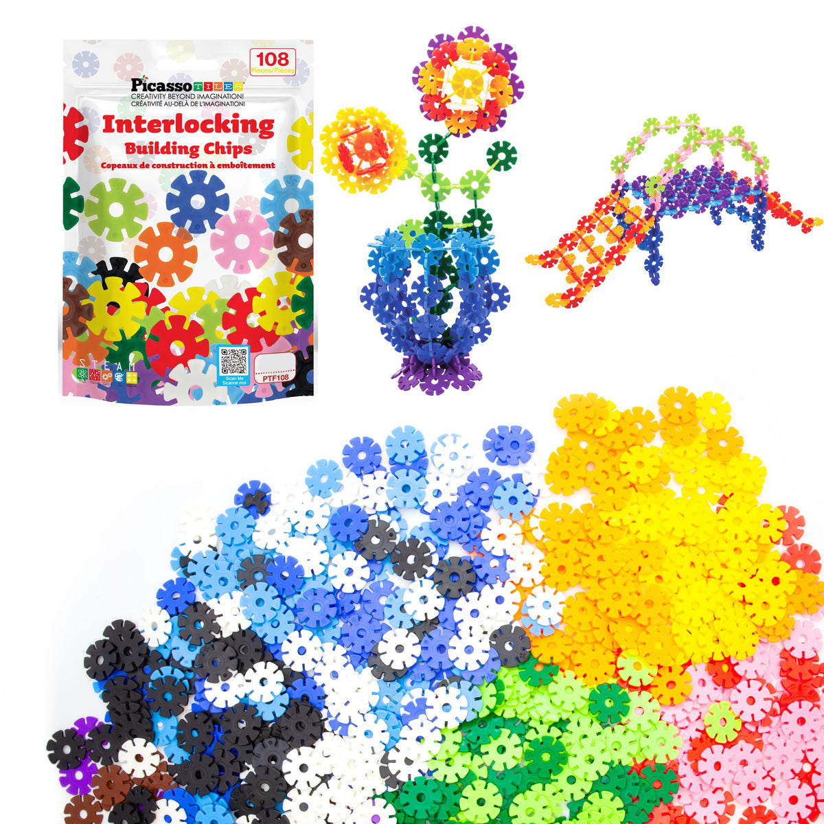 PicassoTiles Building Chips: 108 Interlocking Disc Blocks in 12 Colors