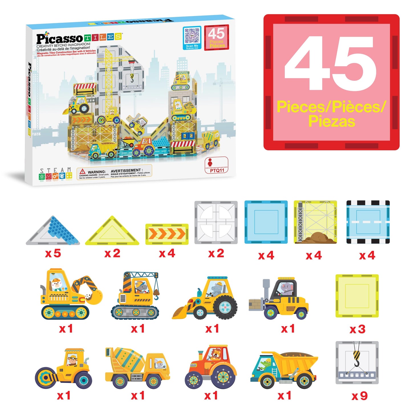 PicassoTiles Magnet Tiles: 8 Construction Vehicles STEM Building Set
