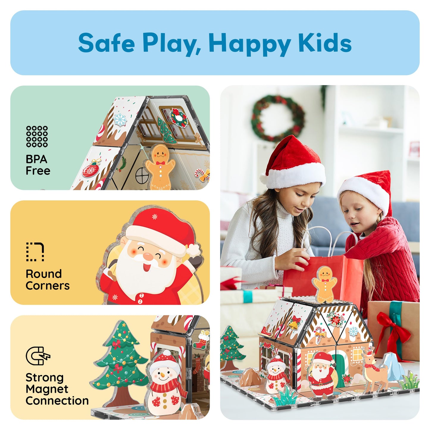 PicassoTiles Gingerbread House Holiday Magnetic Tiles – Santa, Snowman, Deer | STEM Toys for Kids 3+