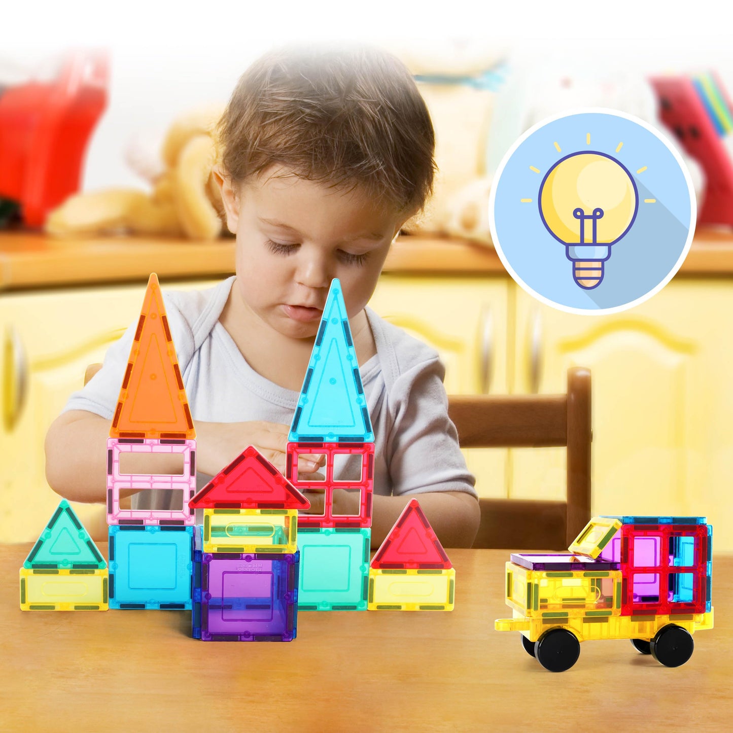 PicassoTiles Magnet Tile Building Blocks with Car Base & Drawstring Bag – 61 Pc STEM Toy (Ages 3+)