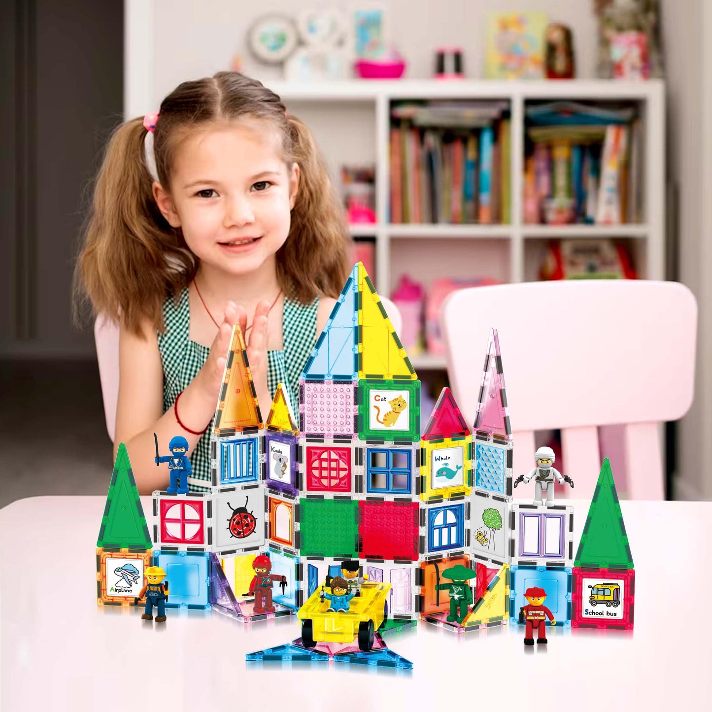 PicassoTiles 100pc Magnetic Tile Set with Carry Case – Car Base, 8 Characters, Whiteboard Markers | STEM Learning PB01