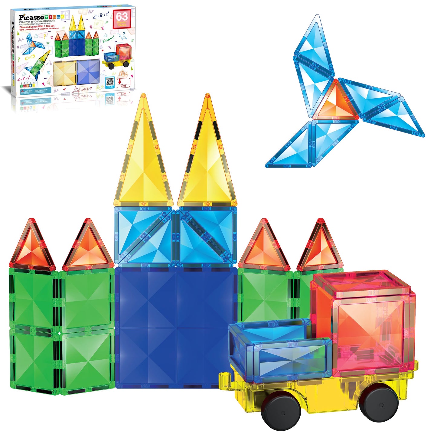 PicassoTiles 63-Piece Diamond Magnetic Tile Set with Car Truck – STEM Building Toy for Kids 3+