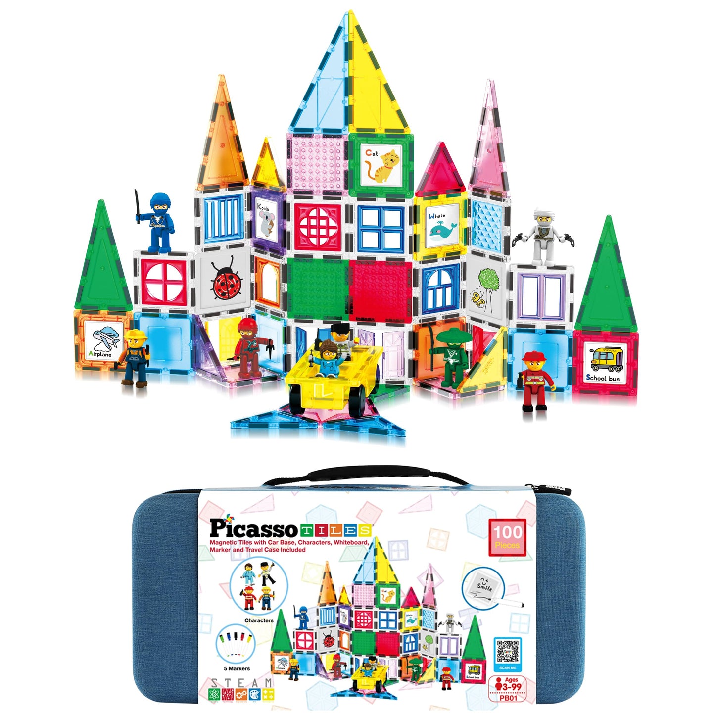 PicassoTiles 100pc Magnetic Tile Set with Carry Case – Car Base, 8 Characters, Whiteboard Markers | STEM Learning PB01