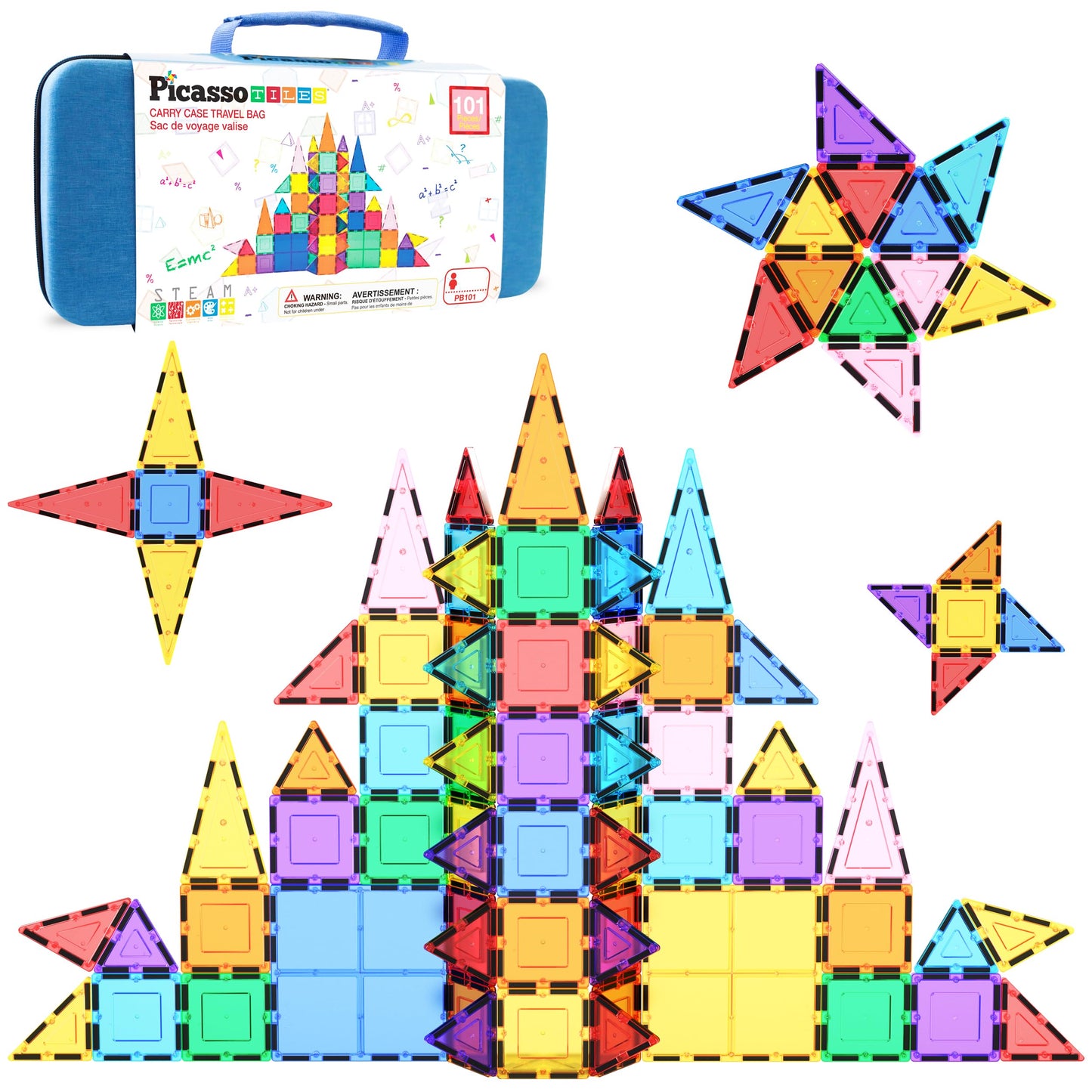 PicassoTiles Magnetic Tiles 101pcs – STEM Toy Set with Carry Case for Kids 3+
