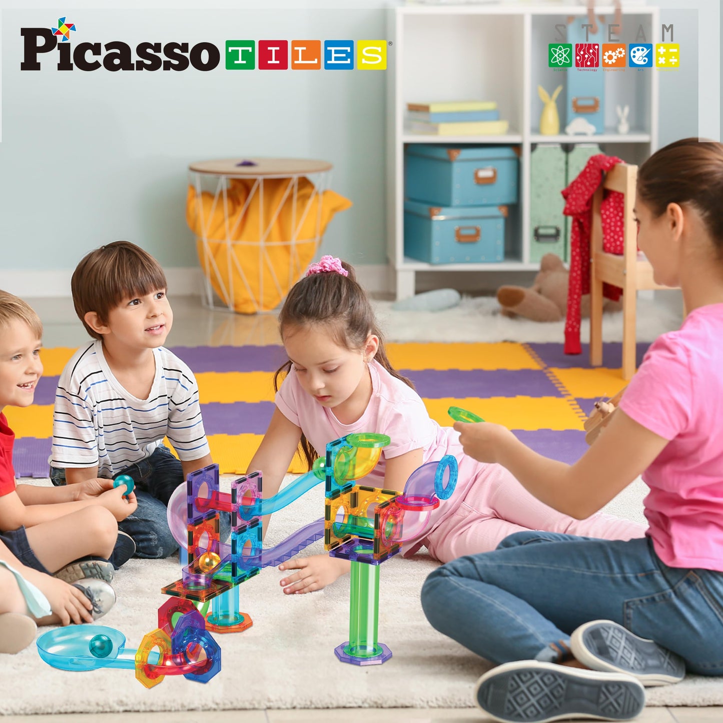 PicassoTiles Marble Run 60-Piece Race Track – Magnetic STEM Building Tiles Set PTG60