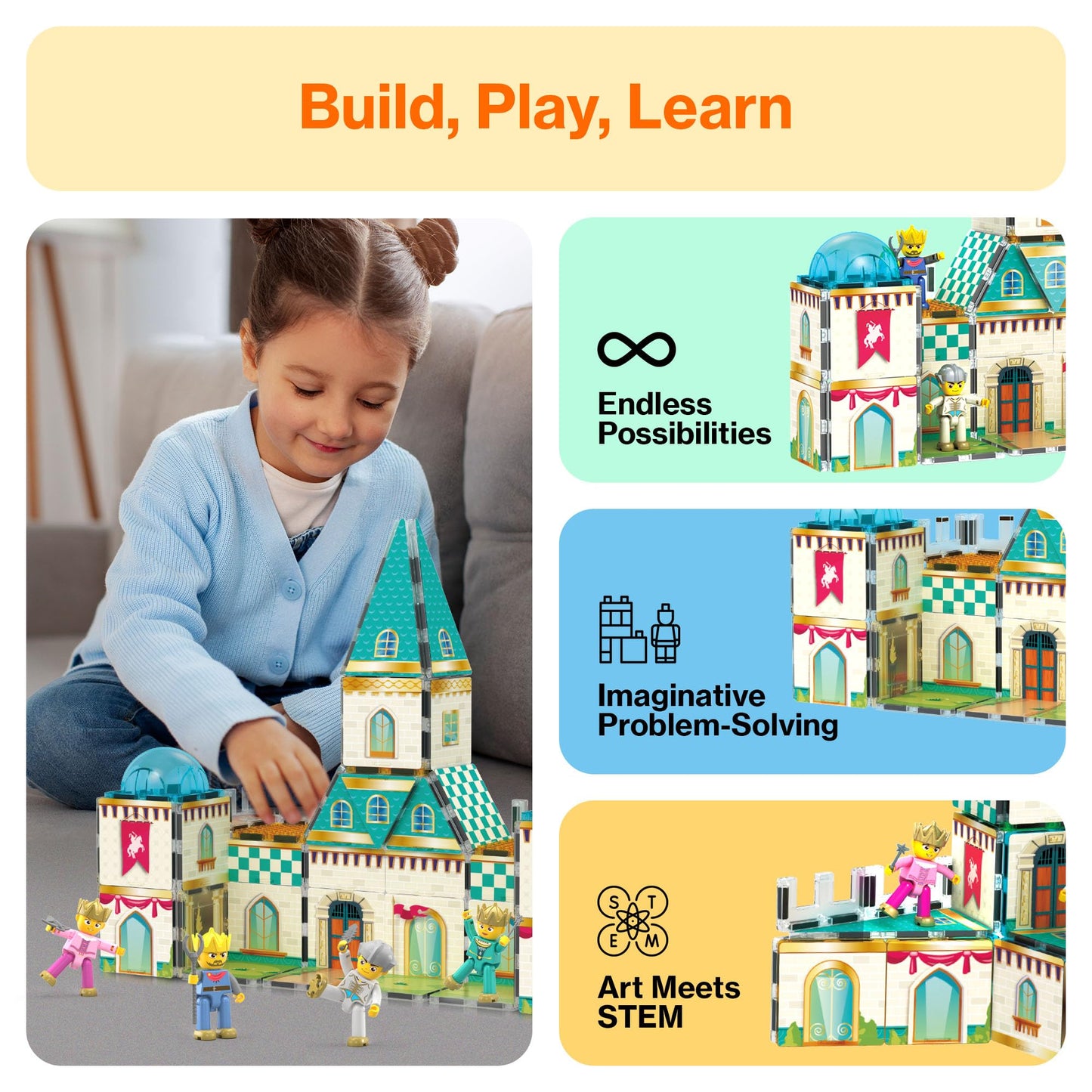 PicassoTiles 70pc Medieval Castle Magnetic Tile Set – 2in1 8 Figures | STEM Building Blocks for Kids 3+