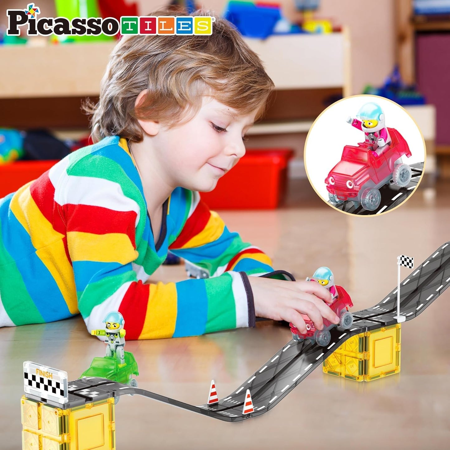 PicassoTiles Magnet Tile Race Car Track Kit PTR05 – STEM Building Blocks