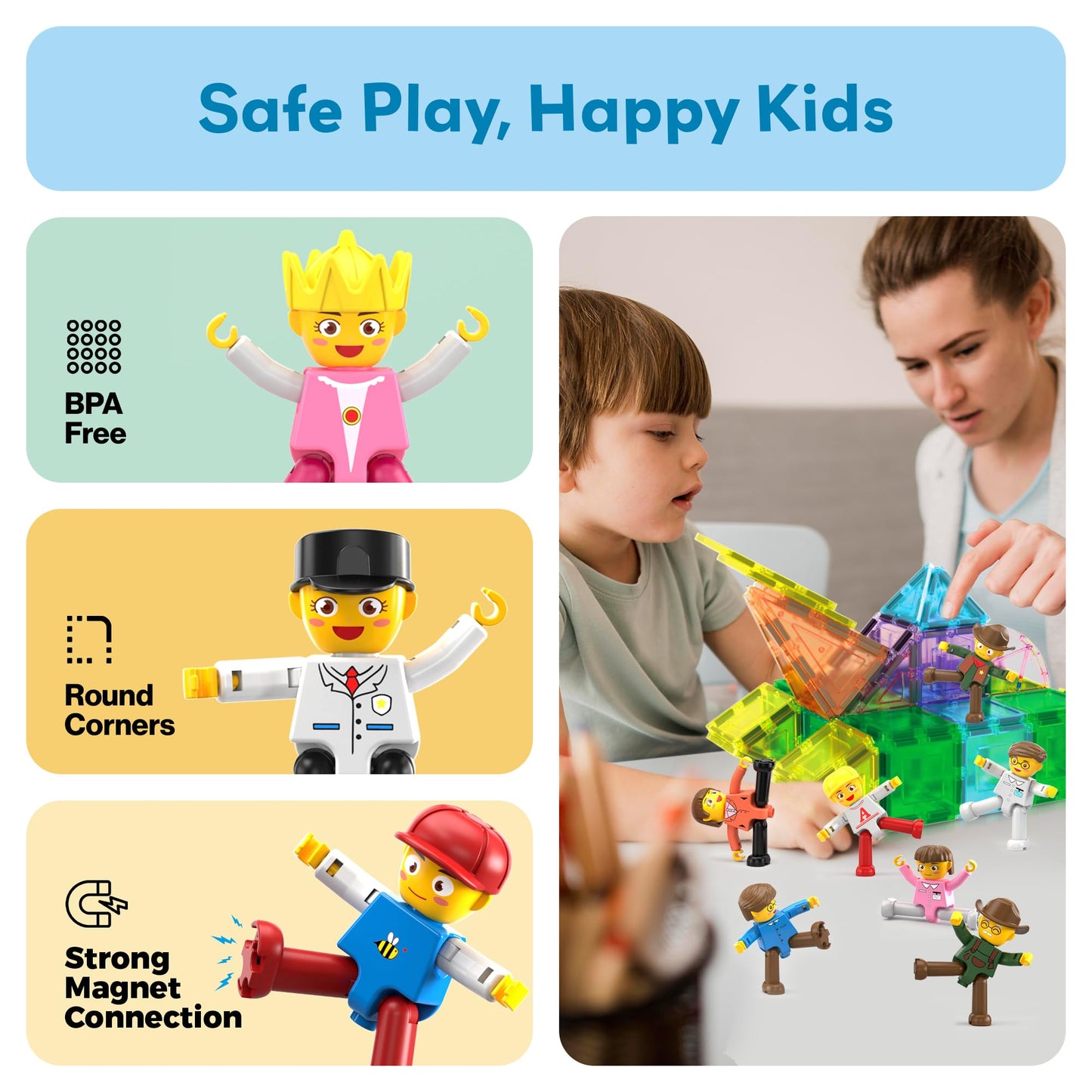 PicassoTiles 16pc Magnetic Character Figures Expansion Set – Toddler-Style Characters for Magnetic Tile Building