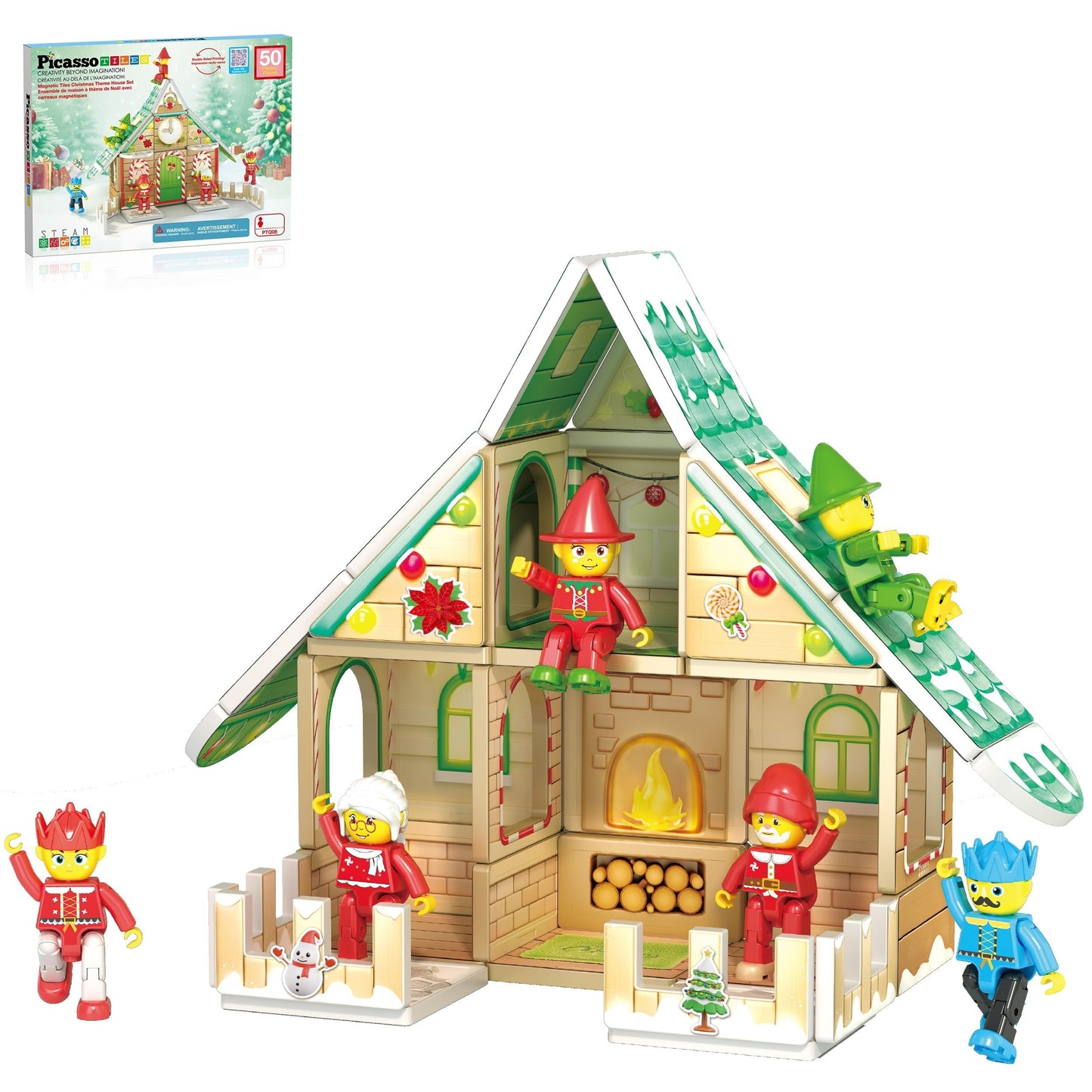 PicassoTiles Christmas Cottage Magnetic Tile Set PTQ08 – Santa, Elves & Nutcrackers