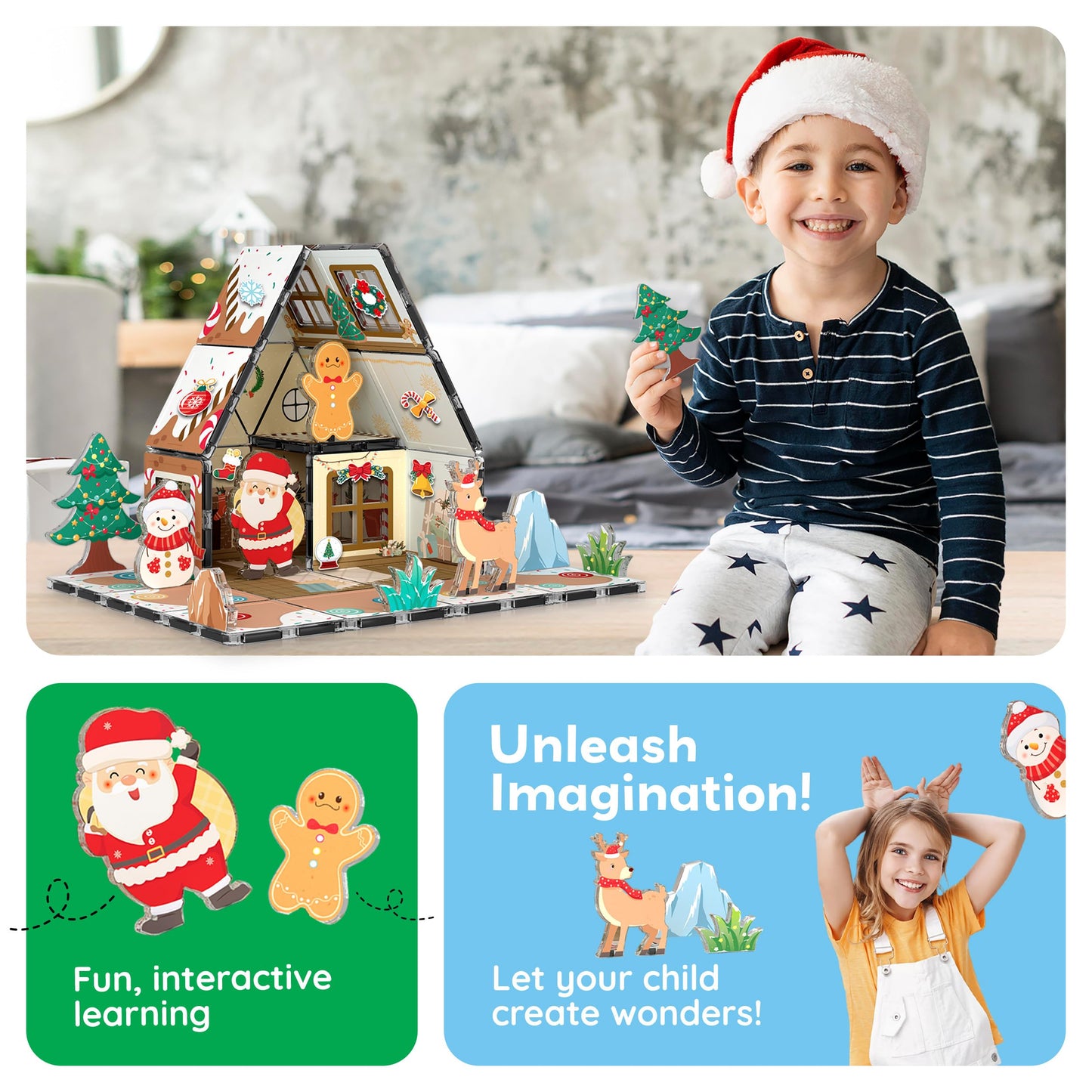PicassoTiles Gingerbread House Holiday Magnetic Tiles – Santa, Snowman, Deer | STEM Toys for Kids 3+