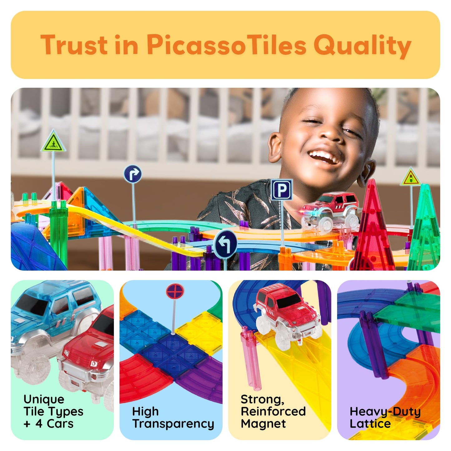 PicassoTiles 150-Piece Race Car Track Magnetic Tile STEM Toy Set with 4 Cars