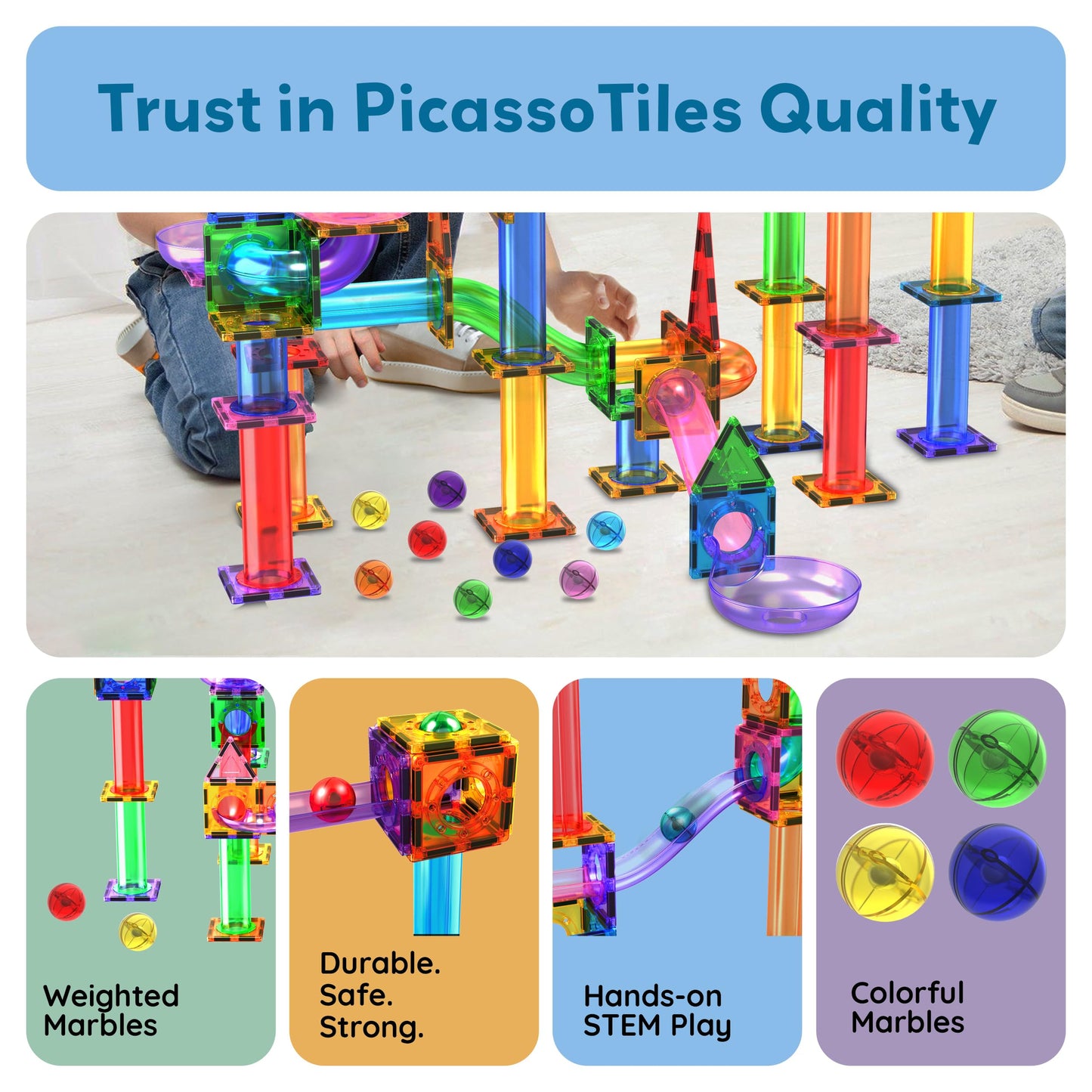 PicassoTiles 8pc Marbles – Magnetic Track Tiles STEM Toy for Kids 3+