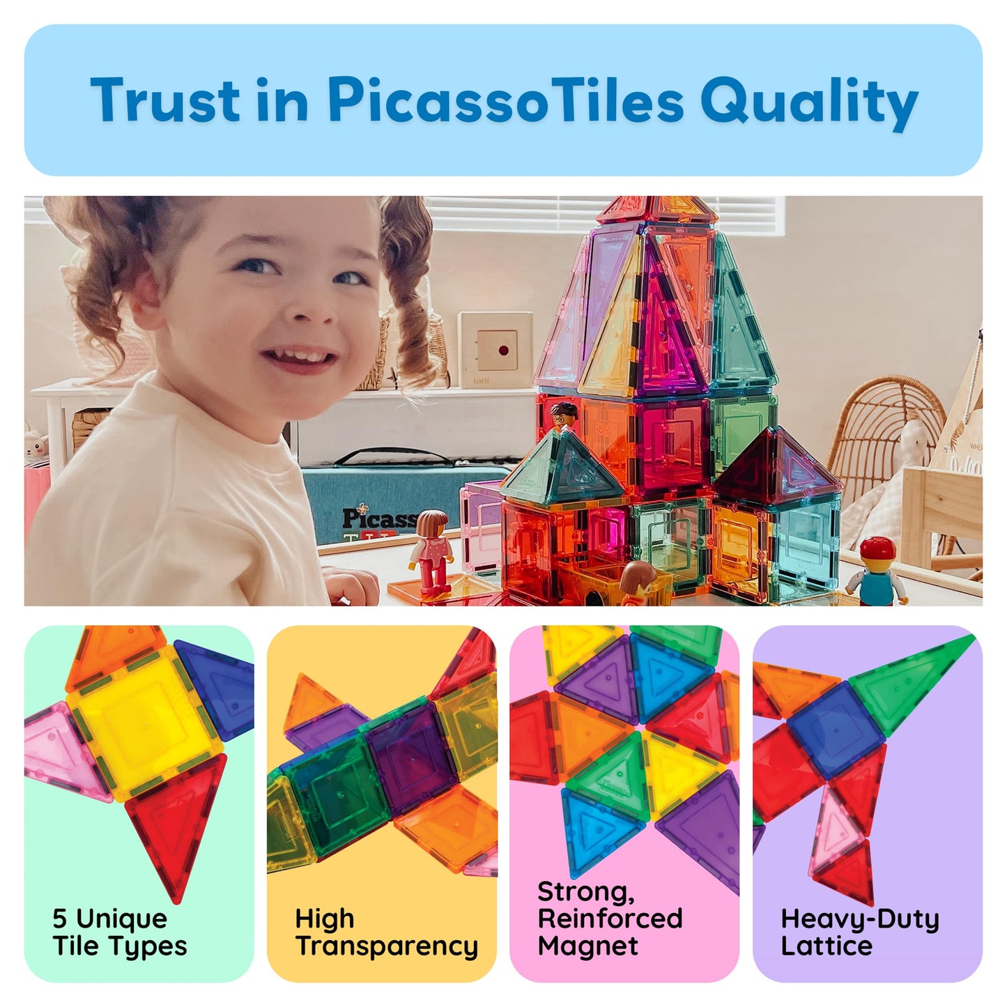 PicassoTiles 60-Piece Magnetic Tile Set | Clear 3D Building Blocks for Creative STEM Play
