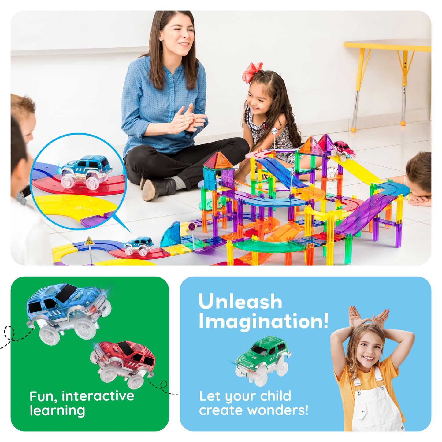 PicassoTiles 3 LED Magnetic Race Cars Set | Lights, STEM Building Kit for Kids 3+
