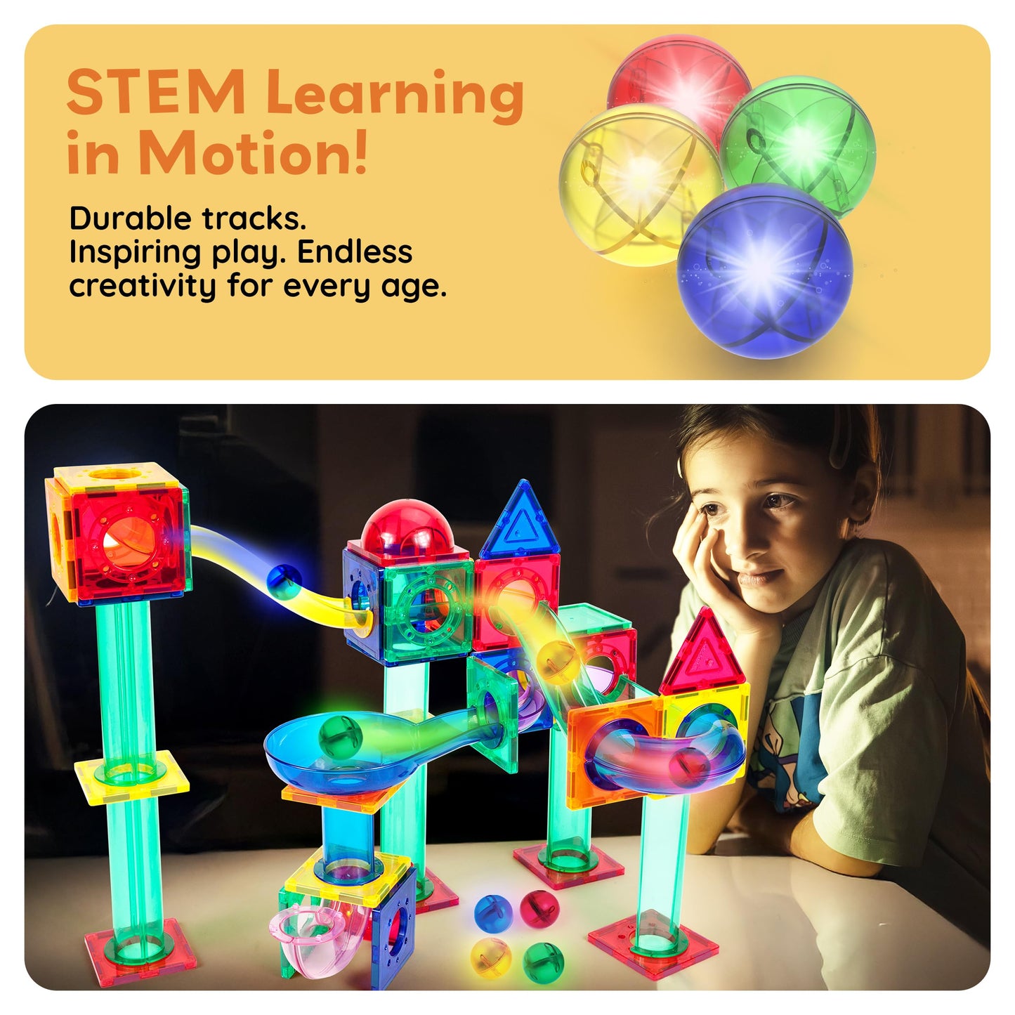 PicassoTiles Motion Activated Marbles – LED Glow-in-the-Dark 4pc Marble Run Accessory