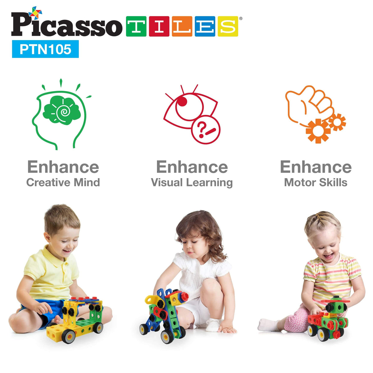 PicassoTiles 105-Piece STEM Building Set for Kids 3+ | Construction Kit with Idea Book & Power Drill