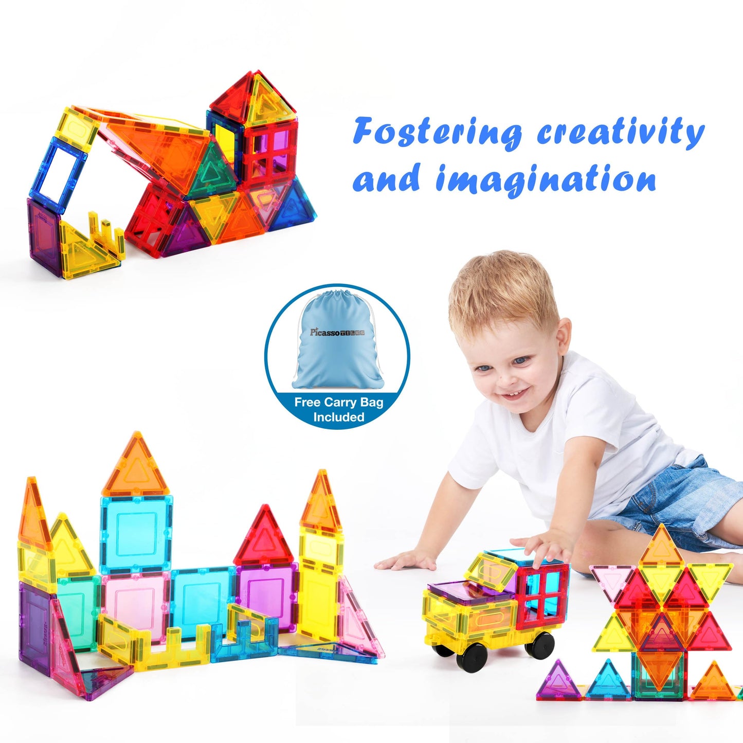 PicassoTiles Magnet Tile Building Blocks with Car Base & Drawstring Bag – 61 Pc STEM Toy (Ages 3+)