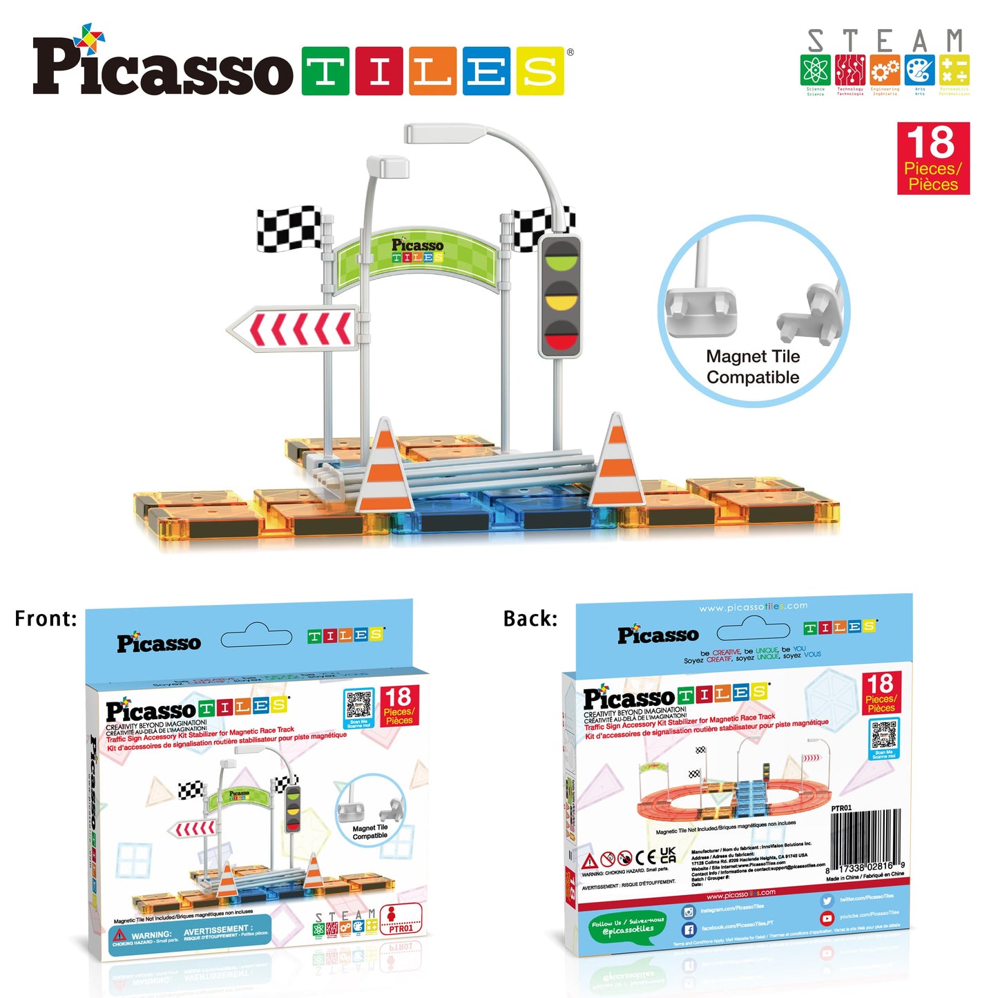 PicassoTiles Magnet Race Track Add-On Kit with Stabilizers & Stickers (Ages 3+)