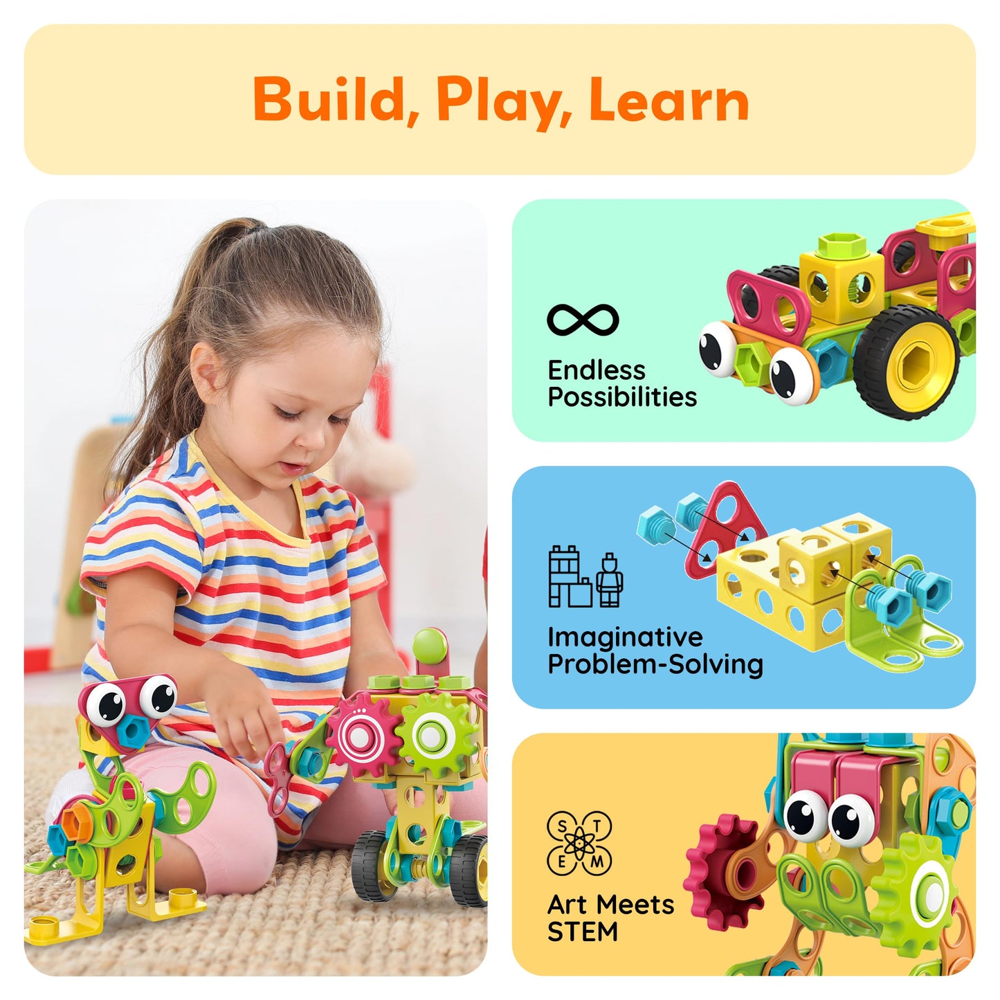PicassoTiles STEM 250-Piece Building Block Kit for Kids – Construction & Engineering Playset