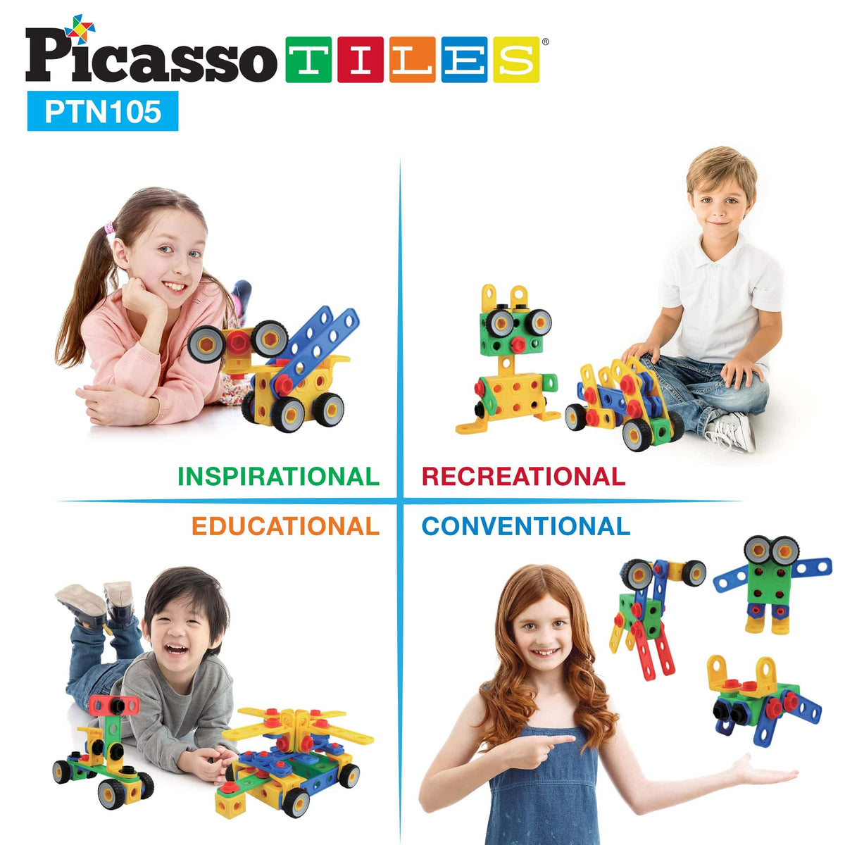 PicassoTiles 105-Piece STEM Building Set for Kids 3+ | Construction Kit with Idea Book & Power Drill