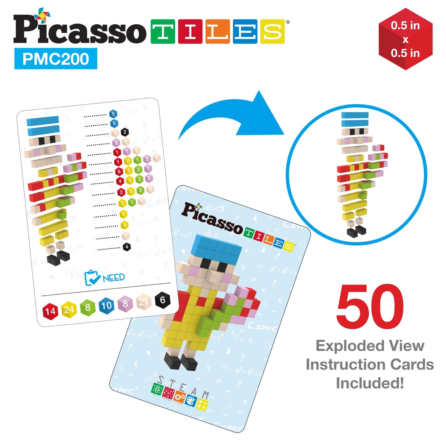 PicassoTiles 0.5-inch Pixel Magnetic Puzzle Cubes – 200-Piece STEM Building Toy