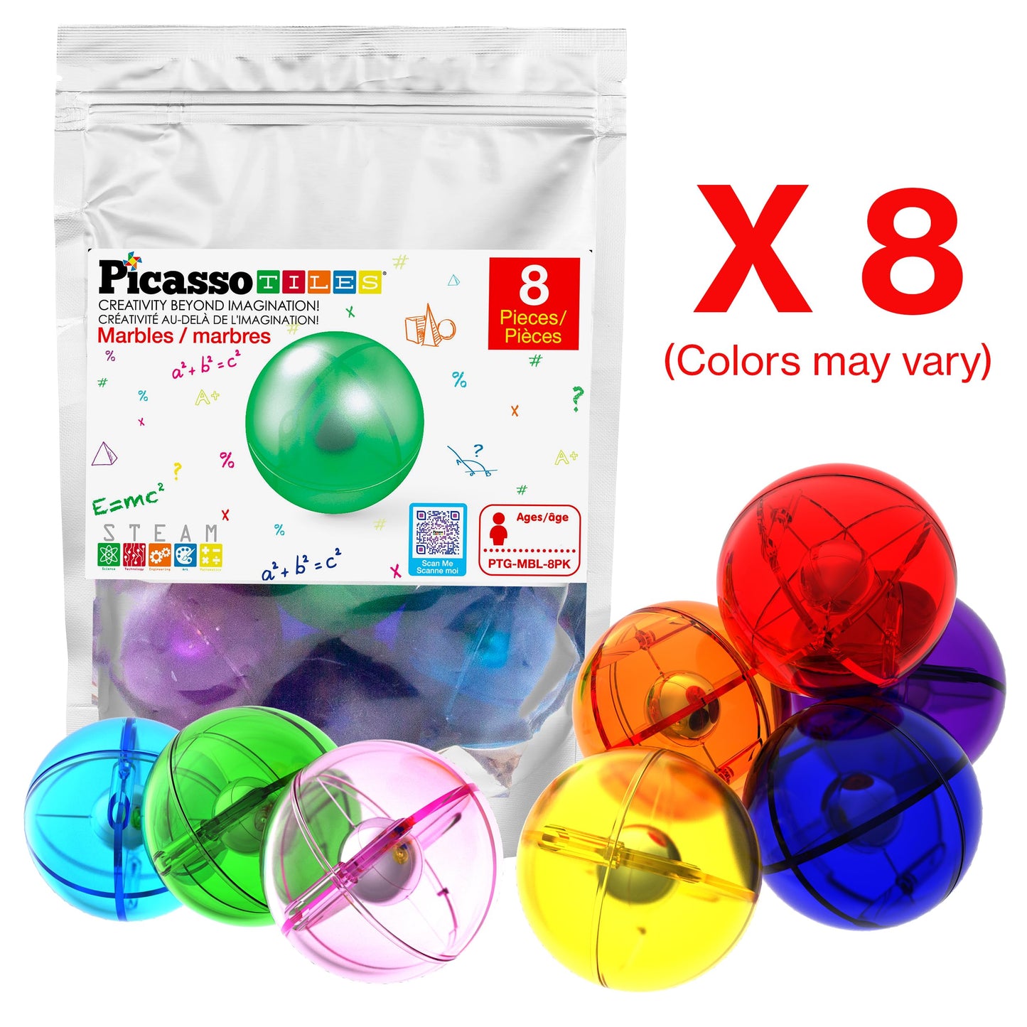 PicassoTiles 8pc Marbles – Magnetic Track Tiles STEM Toy for Kids 3+