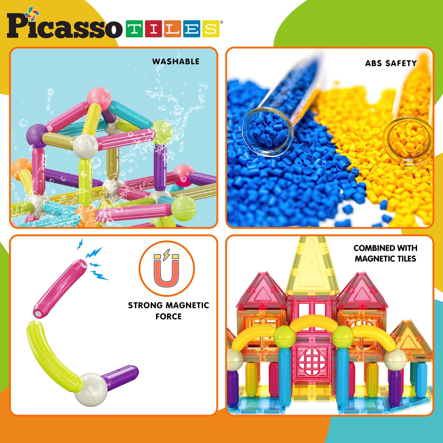 PicassoTiles 82-Piece Magnetic Tiles & Sticks – STEM Building Toy for Kids 3+