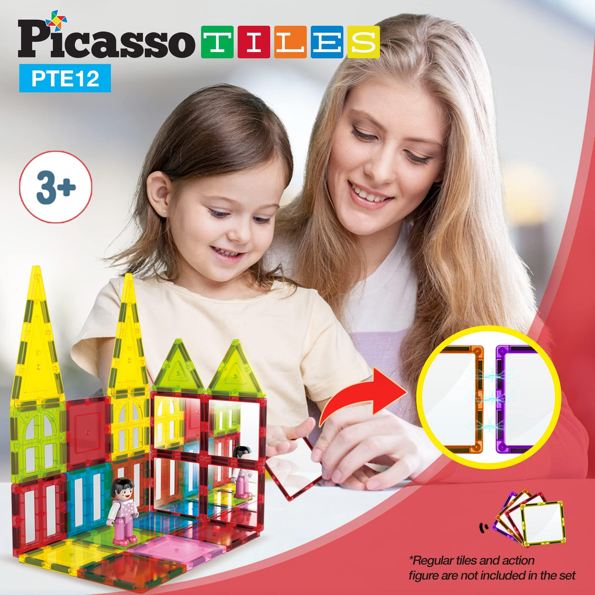 PicassoTiles Mirror Magnetic Building Tiles - 12-Piece Expansion Set for 3+ | Educational Magnetic Tiles