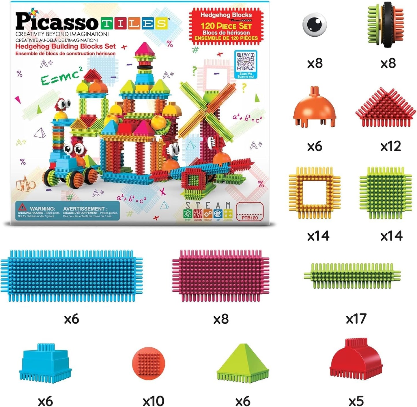 PicassoTiles 120pcs Hedgehog Interlocking Blocks – STEM Learning Toy PTB120