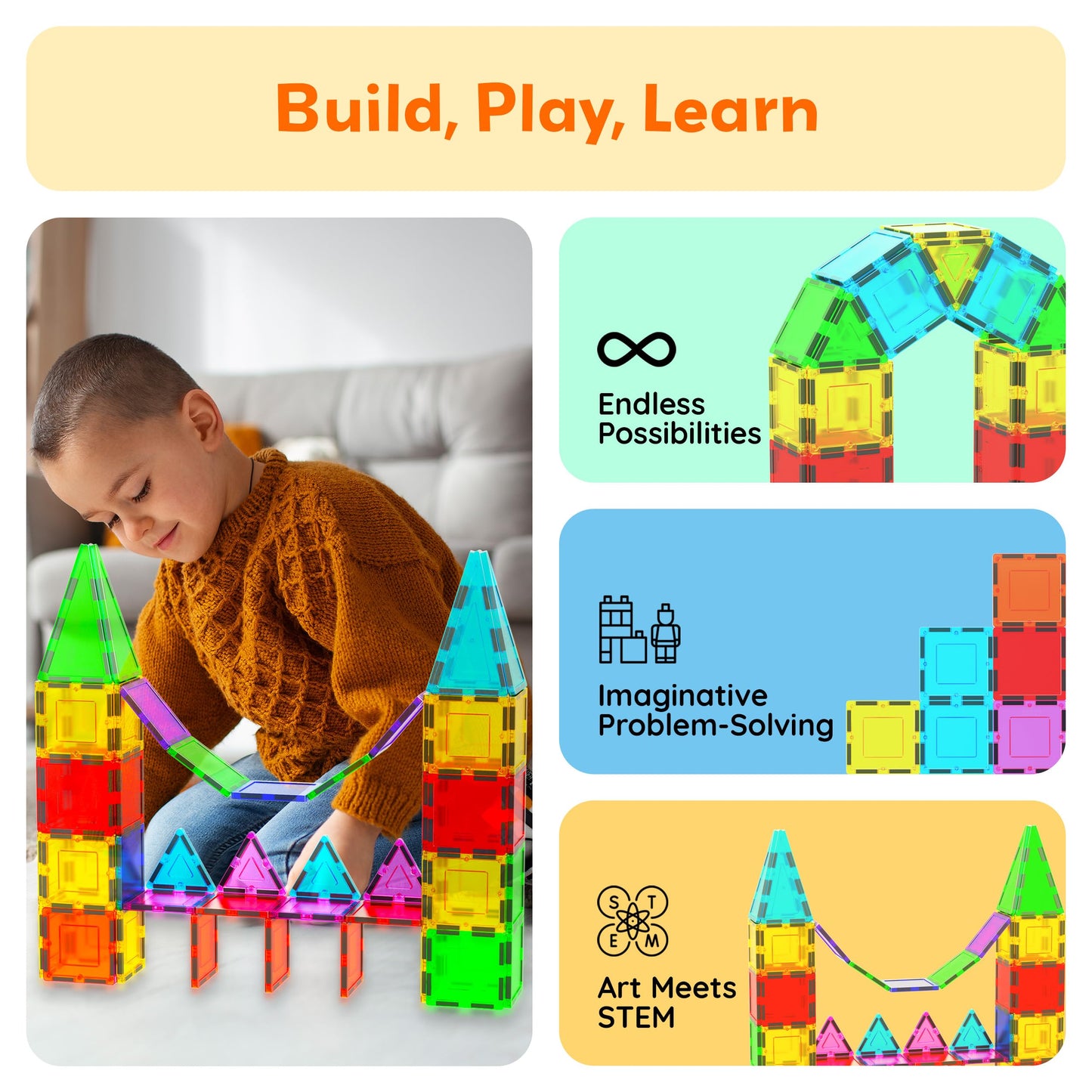 PicassoTiles Expansion Square Pack - Magnetic Construction Tiles for Kids STEM Learning