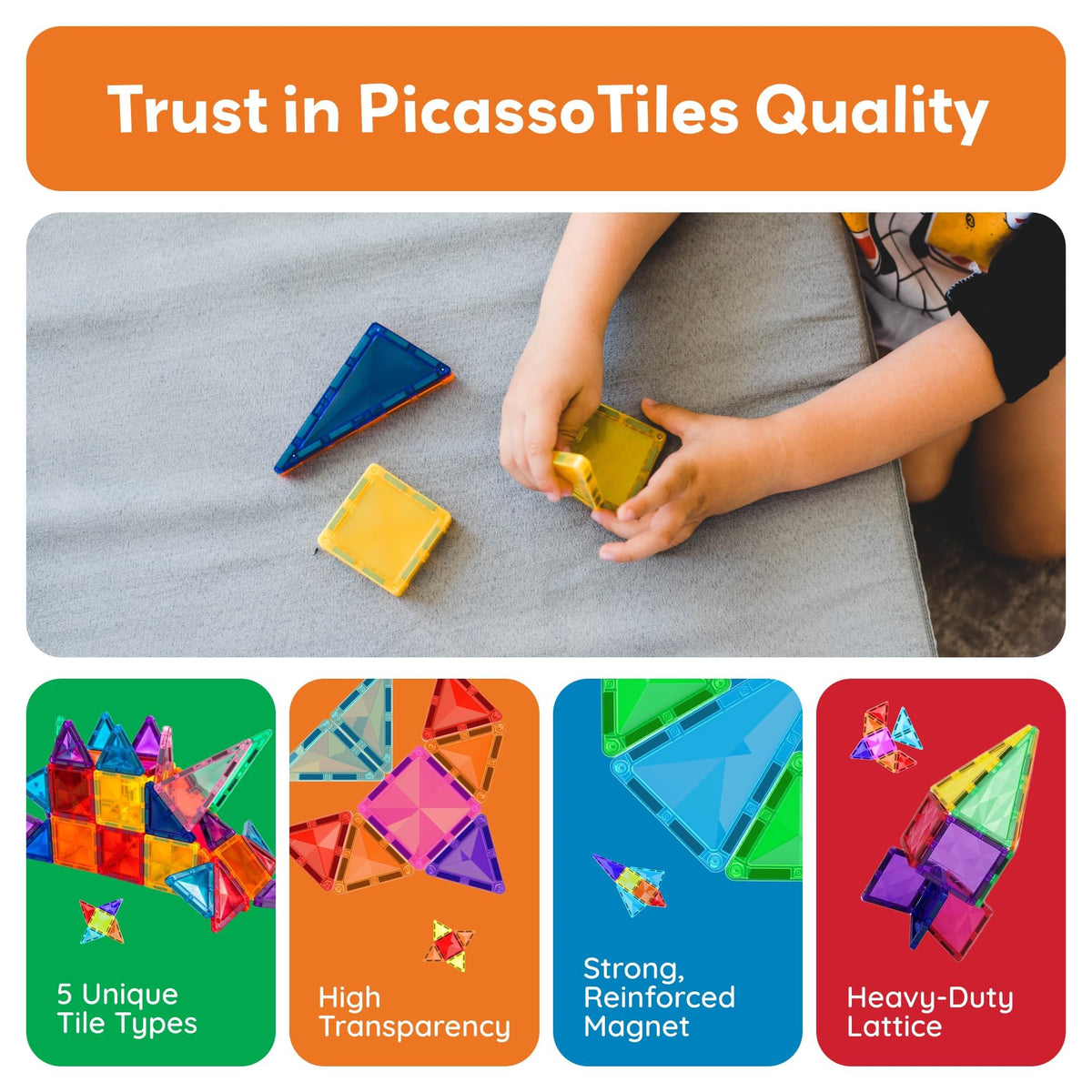 PicassoTiles 60 pcs Mini Magnetic Tiles – Travel-Ready STEM Building Set for Kids 3+