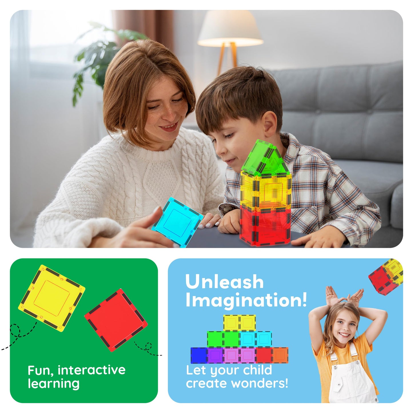 PicassoTiles Expansion Square Pack - Magnetic Construction Tiles for Kids STEM Learning