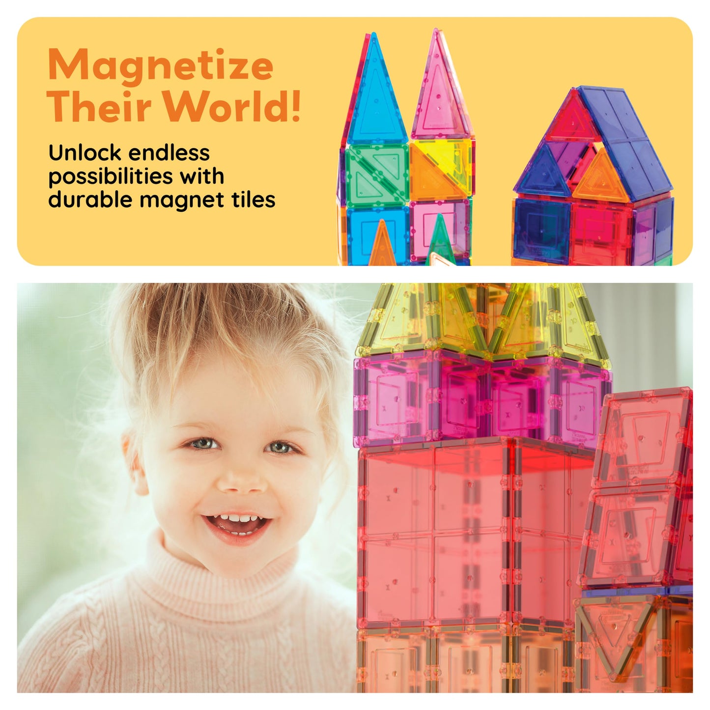PicassoTiles 60-Piece Magnetic Tile Set | Clear 3D Building Blocks for Creative STEM Play