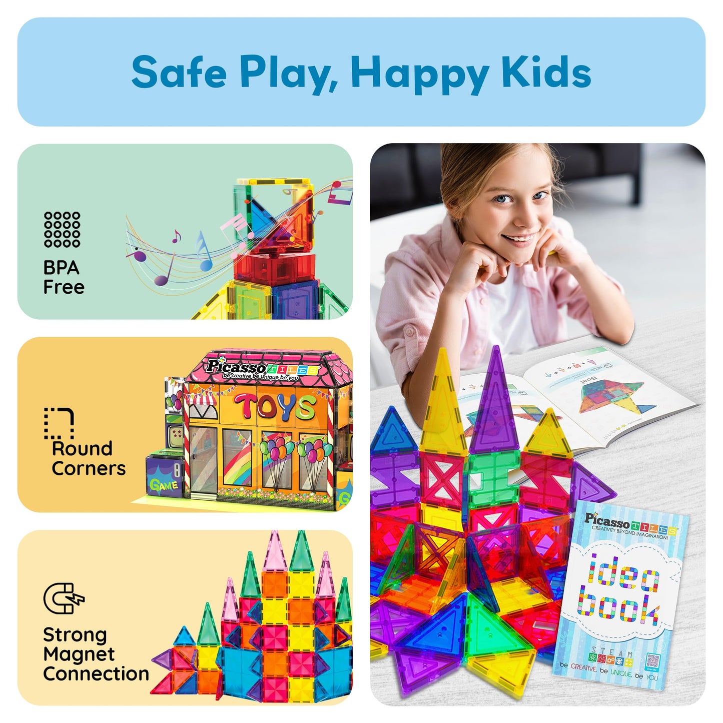 PicassoTiles Magnetic Tile Building Idea Book – 230 Pages, 300+ Builds, STEM Design Guide | Ages 3+ | PTIDEABOOK