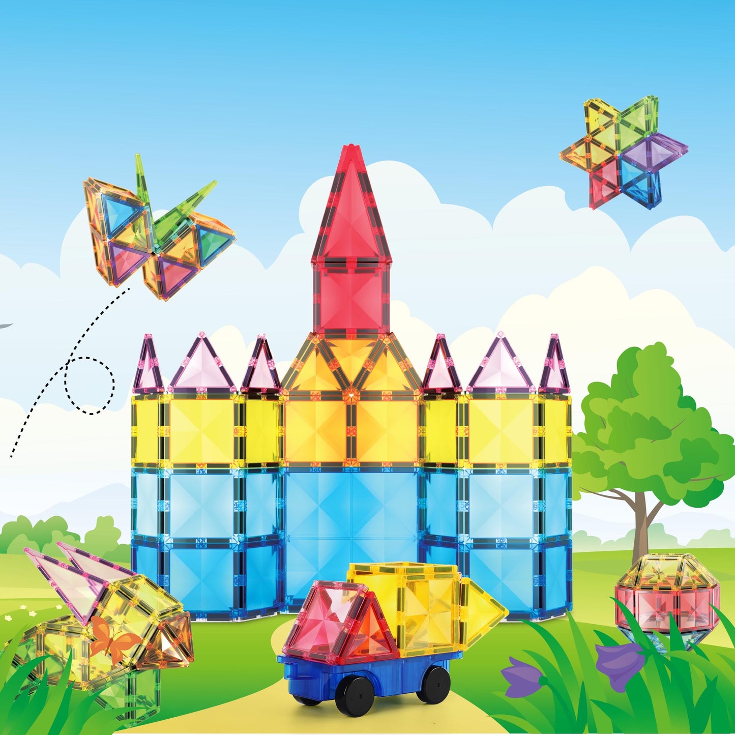 PicassoTiles 63-Piece Diamond Magnetic Tile Set with Car Truck – STEM Building Toy for Kids 3+