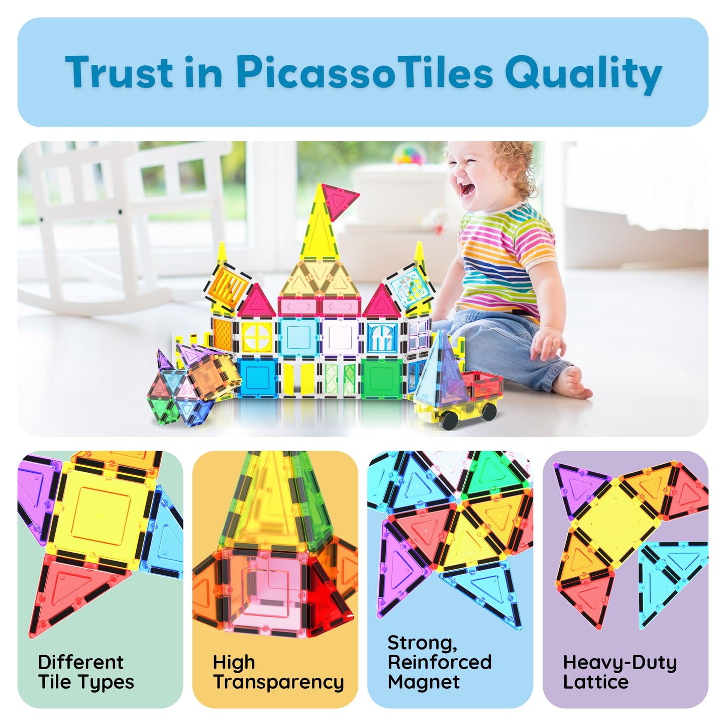 PicassoTiles 61-Piece Magnetic Tiles - STEM Building Blocks for Kids 3-12