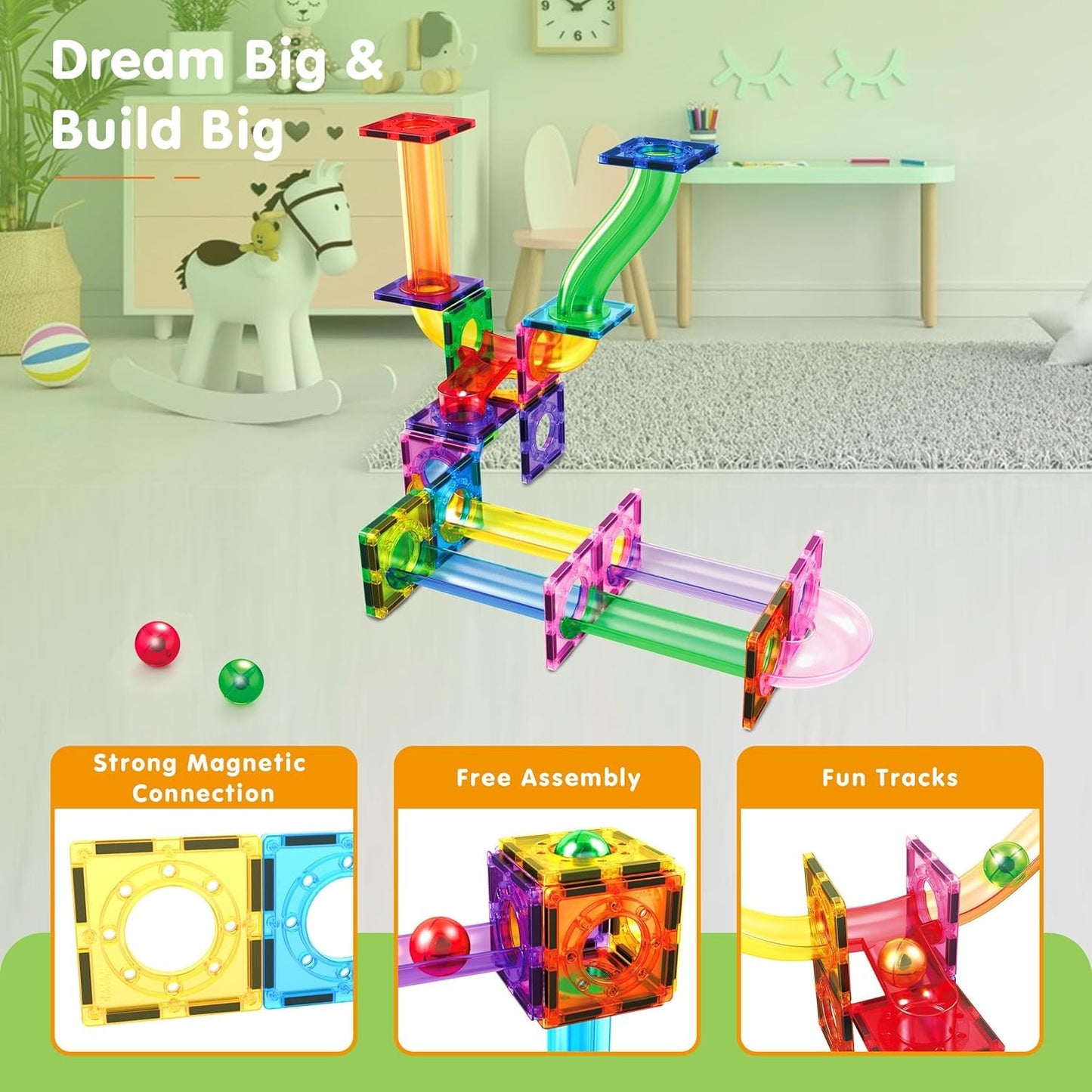 PicassoTiles Magnetic Marble Run Set – Rainbow Color Tiles, 40-Piece STEM Kit for Kids 3+