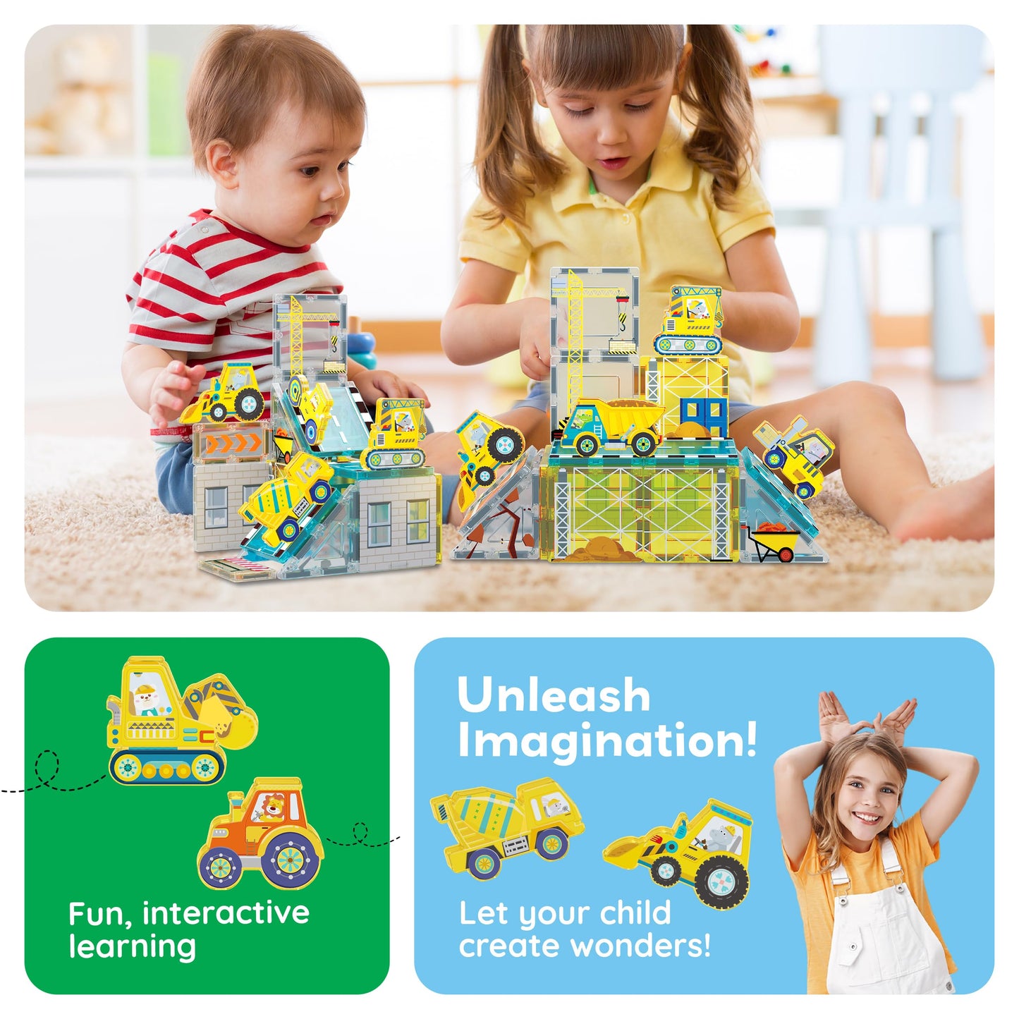 PicassoTiles Magnet Tiles: 8 Construction Vehicles STEM Building Set