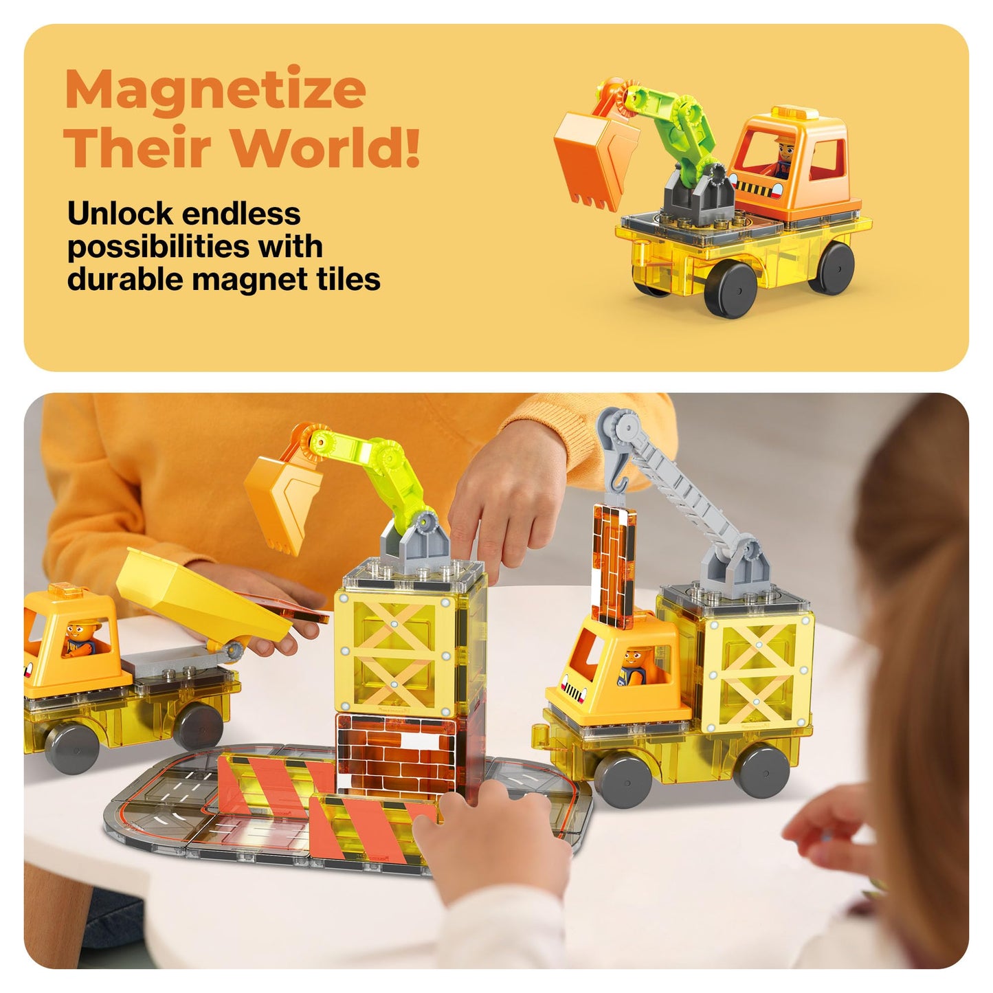 PicassoTiles 5-in-1 Magnetic Construction Vehicle Set – Crane, Ladder, Dump Truck, Excavator & Backhoe (Ages 3+)