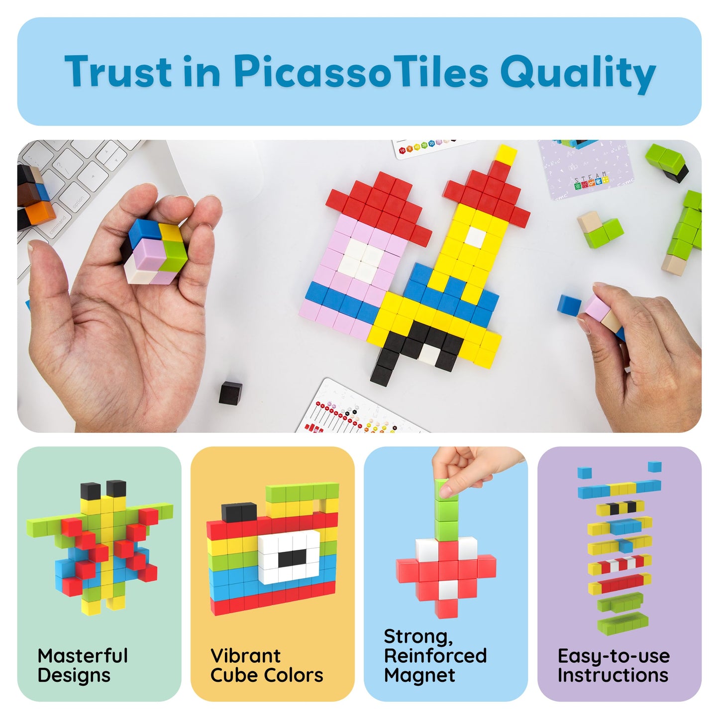 PicassoTiles 100pc Pixel Magnetic Puzzle Cubes | Mix & Match STEM Building Blocks