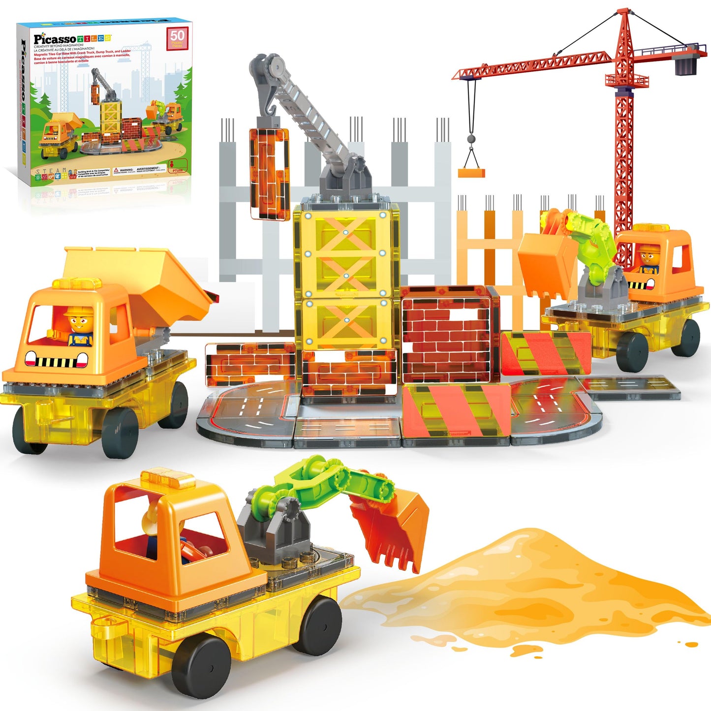 PicassoTiles 5-in-1 Magnetic Construction Vehicle Set – Crane, Ladder, Dump Truck, Excavator & Backhoe (Ages 3+)