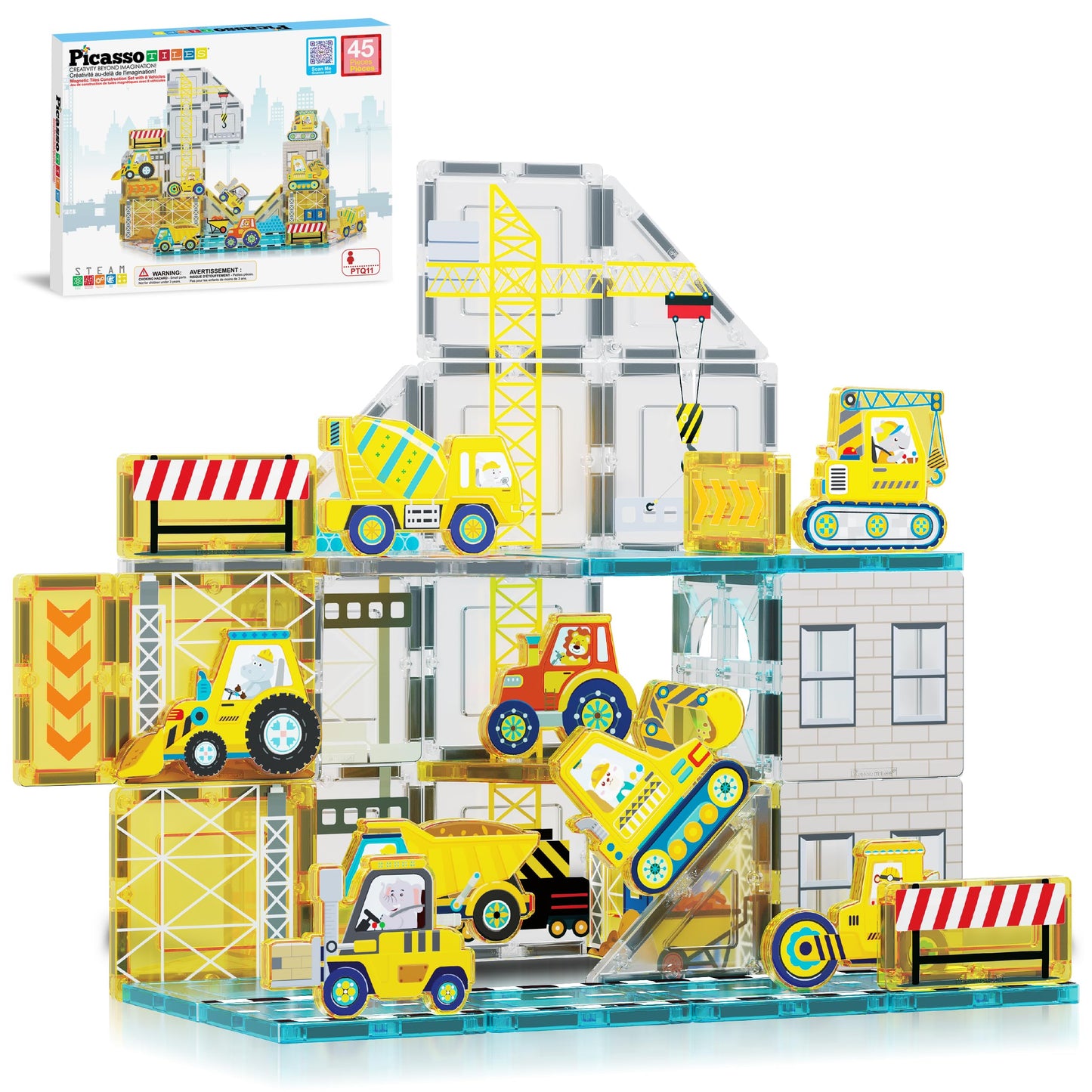 PicassoTiles Magnet Tiles: 8 Construction Vehicles STEM Building Set