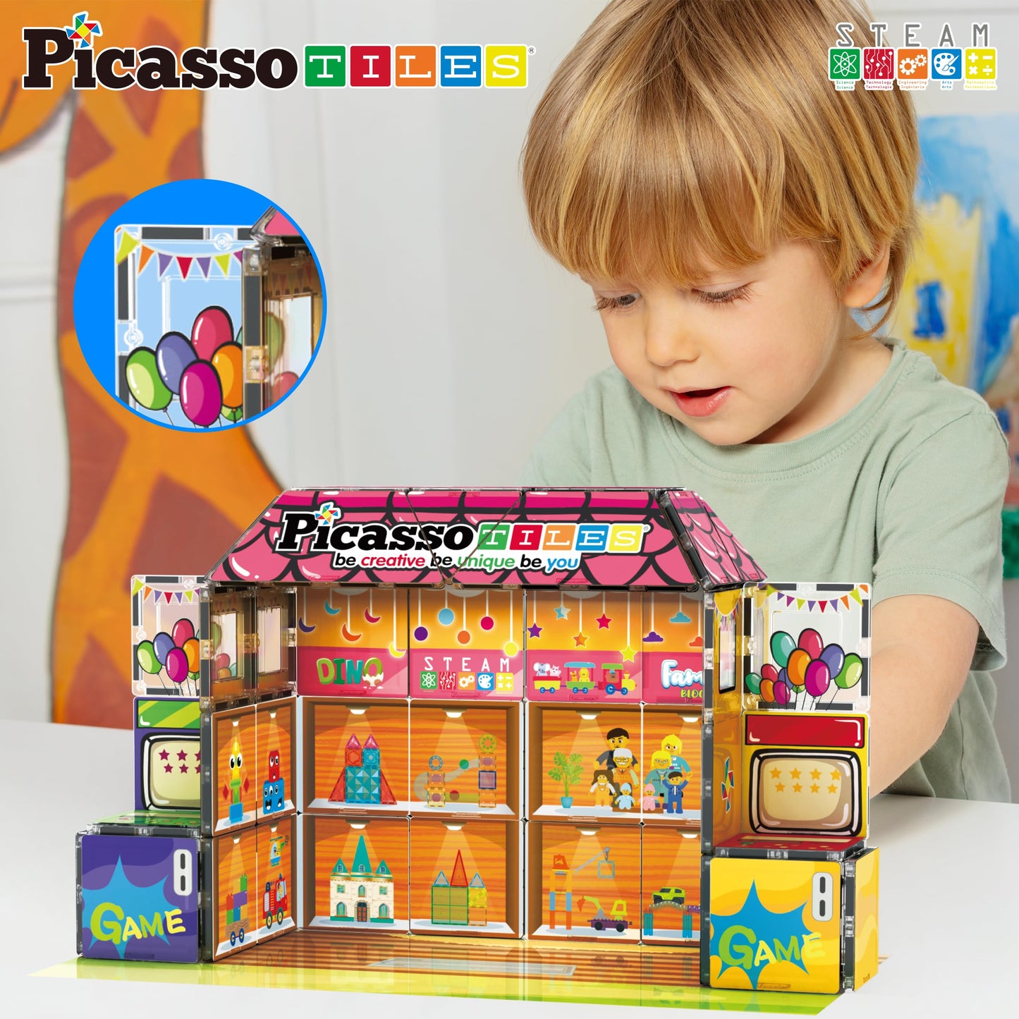 PicassoTiles 60pc Magnetic Toy Store Theme | Reconfigurable STEM Playset for Ages 3+ | PTQ50