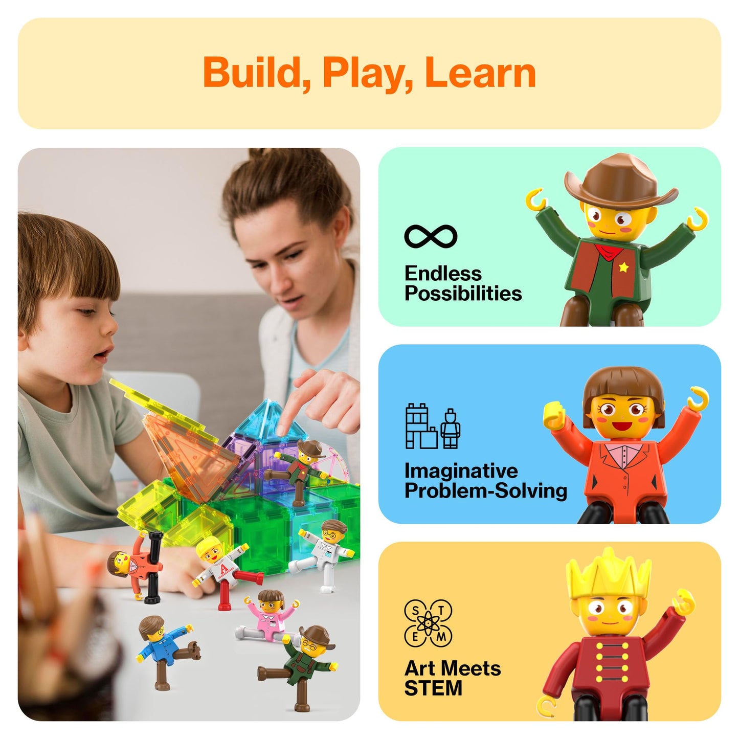 PicassoTiles Magnetic Figure Playset – 15pc Rotatable Characters for Creative Building & STEM Fun